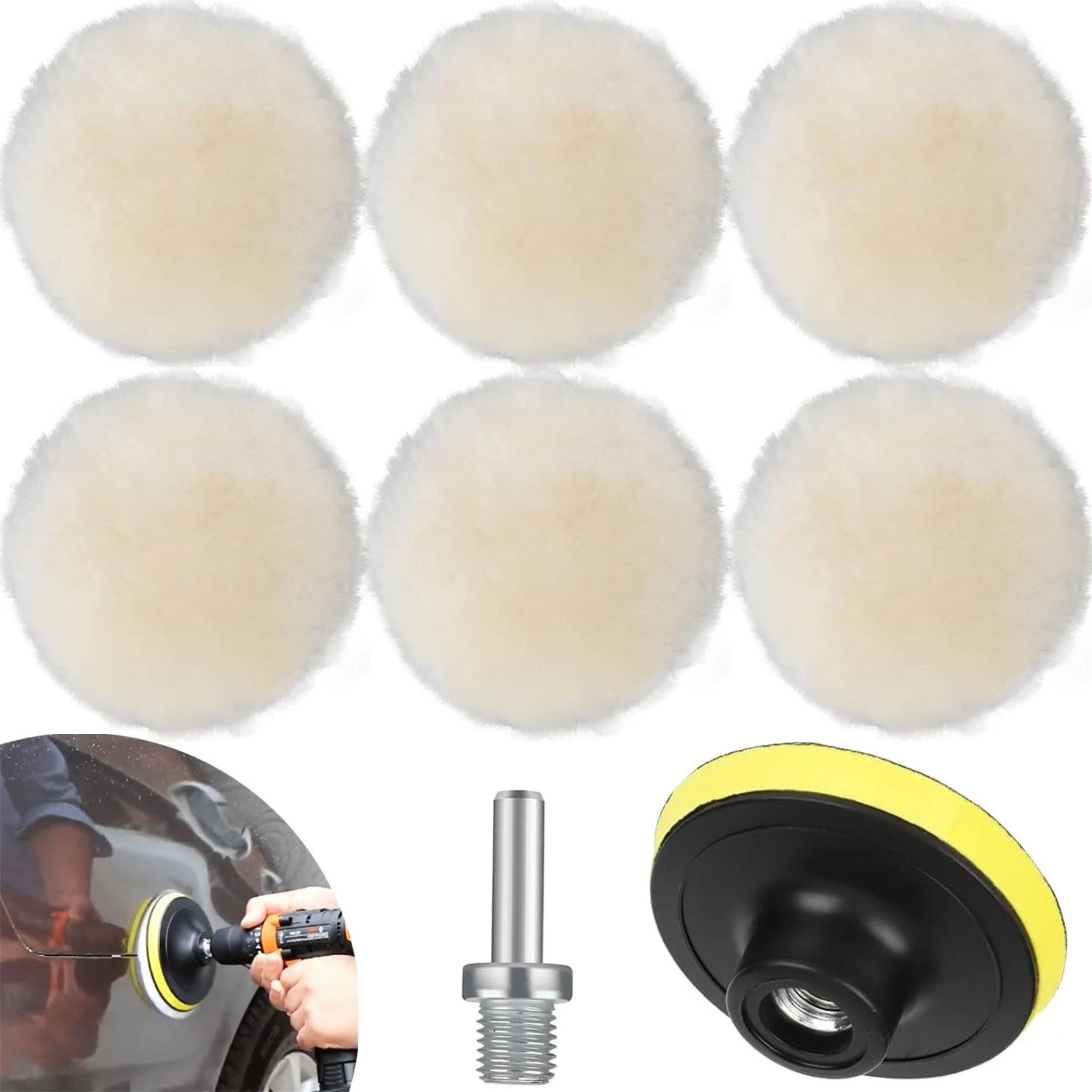 6 Pcs 6 Inch Wool Polishing Buffing Pads Drill Attachment with M14 Drill Adapter