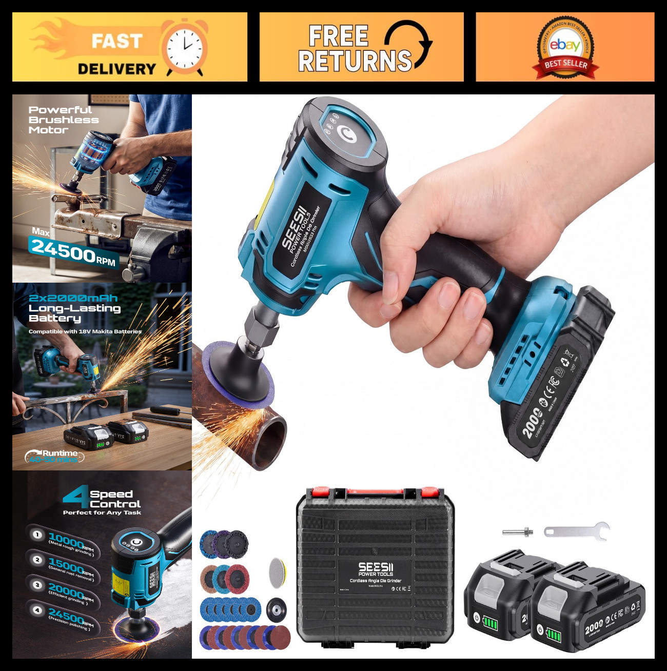 Cordless Right Angle Die Grinder Kit – Brushless Electric, 2 Batteries, 23PCS Ac