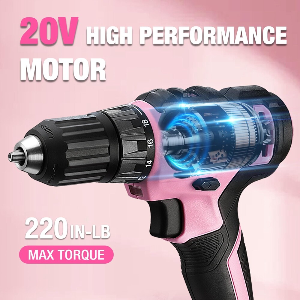 20V 3/8&Prime; Cordless Drill Driver Kit 18+1 Torque 220 in-lbs 141PCS Hand Tool Kits