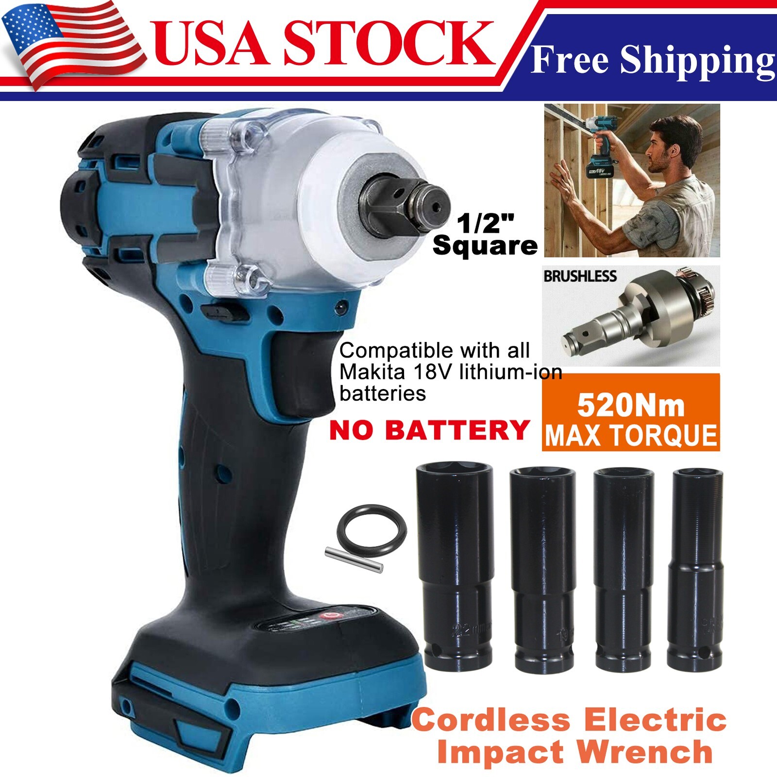 1/2&Prime; Cordless Brushless Impact Wrench Rattle Gun Electric Rachet Nut No Battery