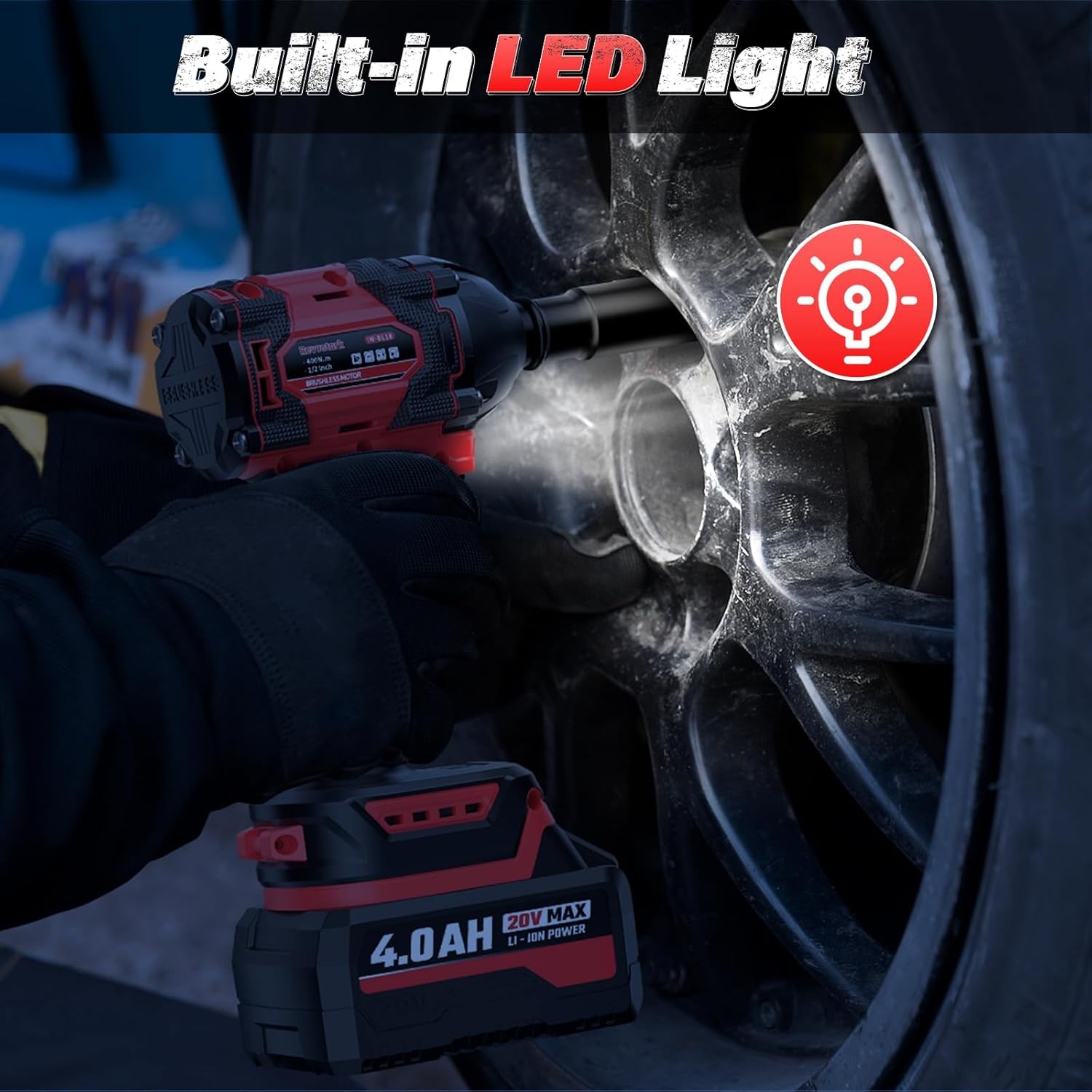 Cordless Impact Wrench 1/2&Prime;,400N·m Torque,20V Brushless,4.0Ah Battery & Charger
