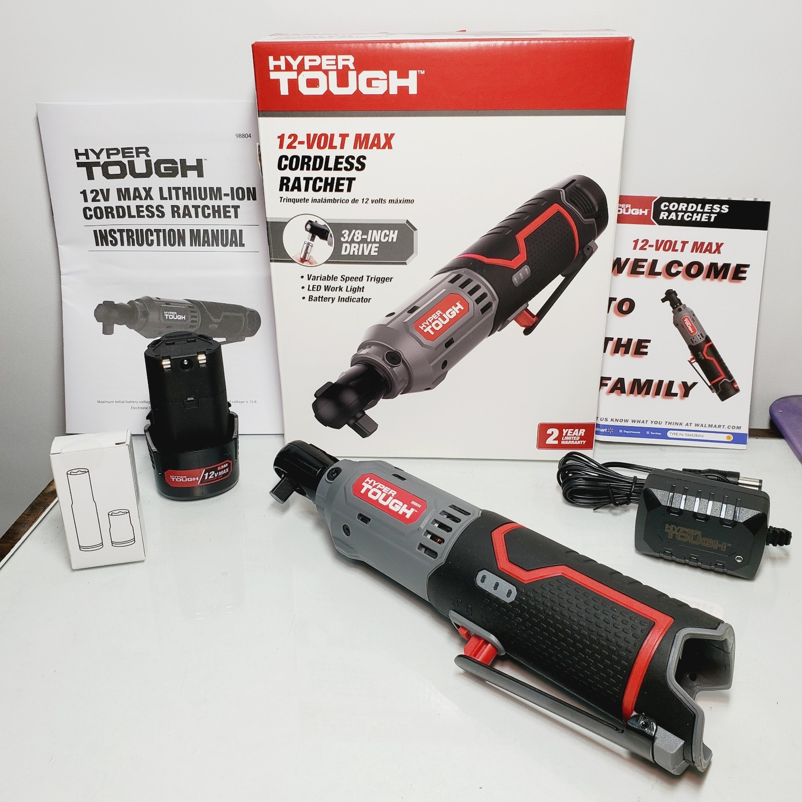 Hyper Tough 3/8 12v Max Cordless Ratchet W Battery, Charger, 10mm Sockets… NEW