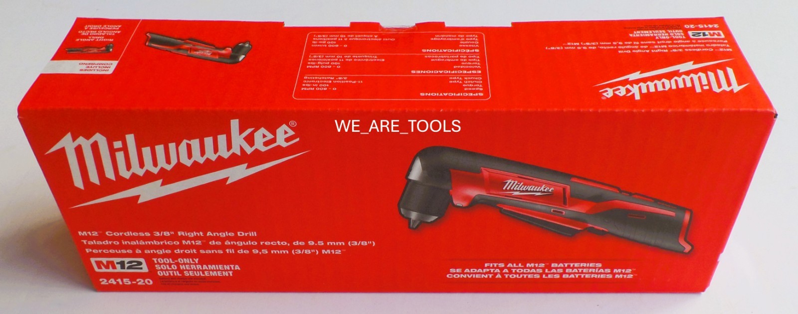 New In Box Milwaukee 2415-20 M12 3/8&Prime; Right Angle Drill, 2) 1.5 Ah Battery 12V