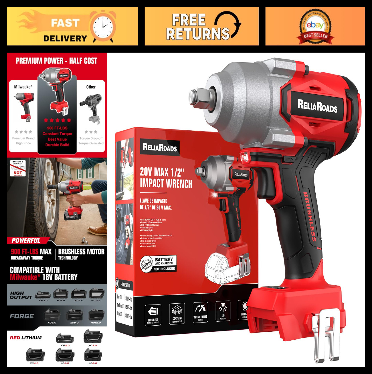 900 Ft-lbs Cordless Impact Wrench 1/2&Prime; High Torque Brushless Driver, 3 Speed, To