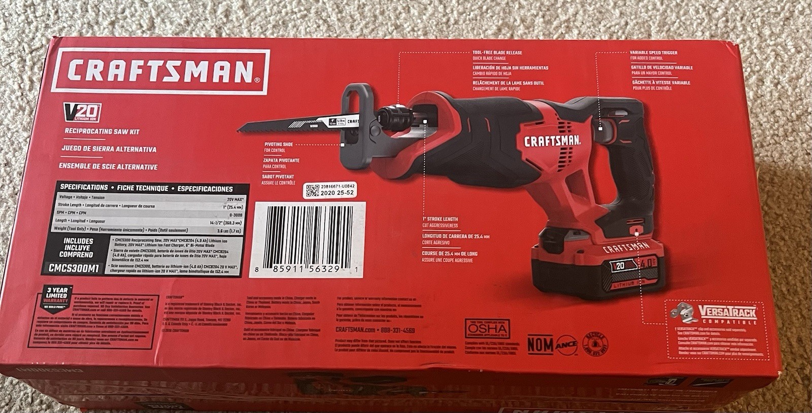 Craftsman V20 Lithium-Ion Reciprocating Saw Kit 4Ah Battery & Charger CMCS300M1