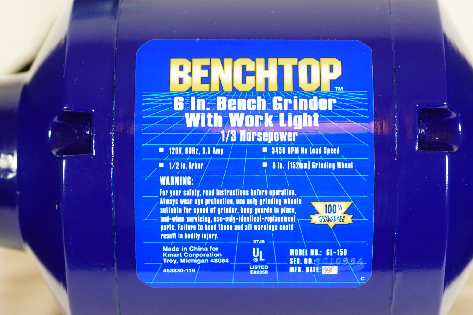 Vintage BENCHTOP GL-150 Bench Grinder 6&Prime; With Light Fixture 1/3HP NEW OPEN BOX!