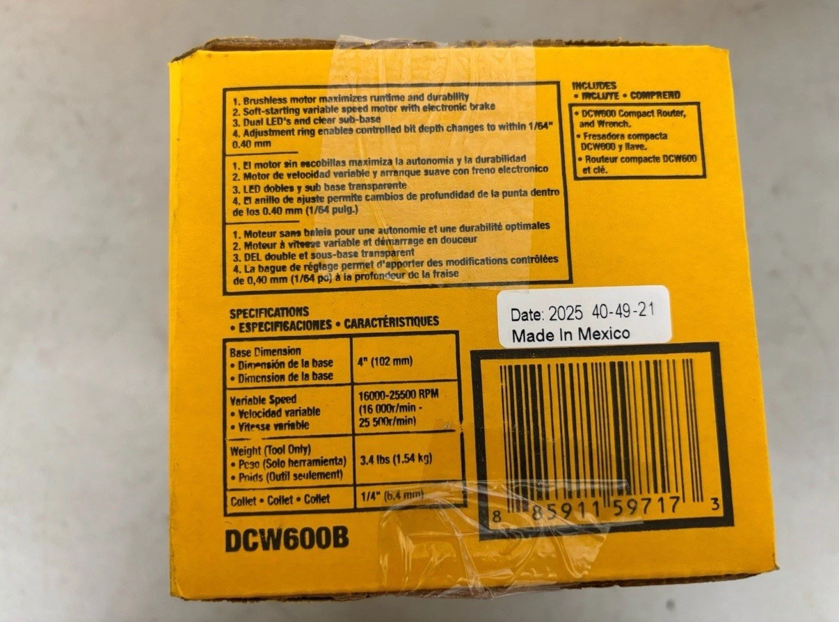 NEW IN BOX – DEWALT 20V Max XR Brushless Compact Router – DCW600B (Tool Only)