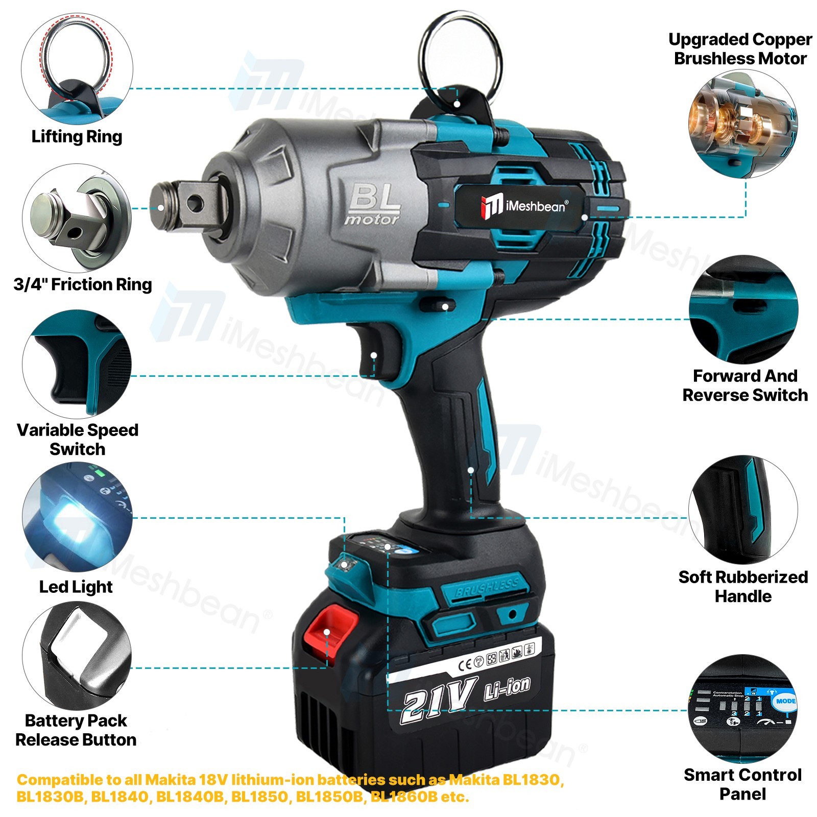 2100 N.m High Torque Impact Wrench 3/4&Prime; Drive W/ 2PCS 21V 8.0A Battery Cordless