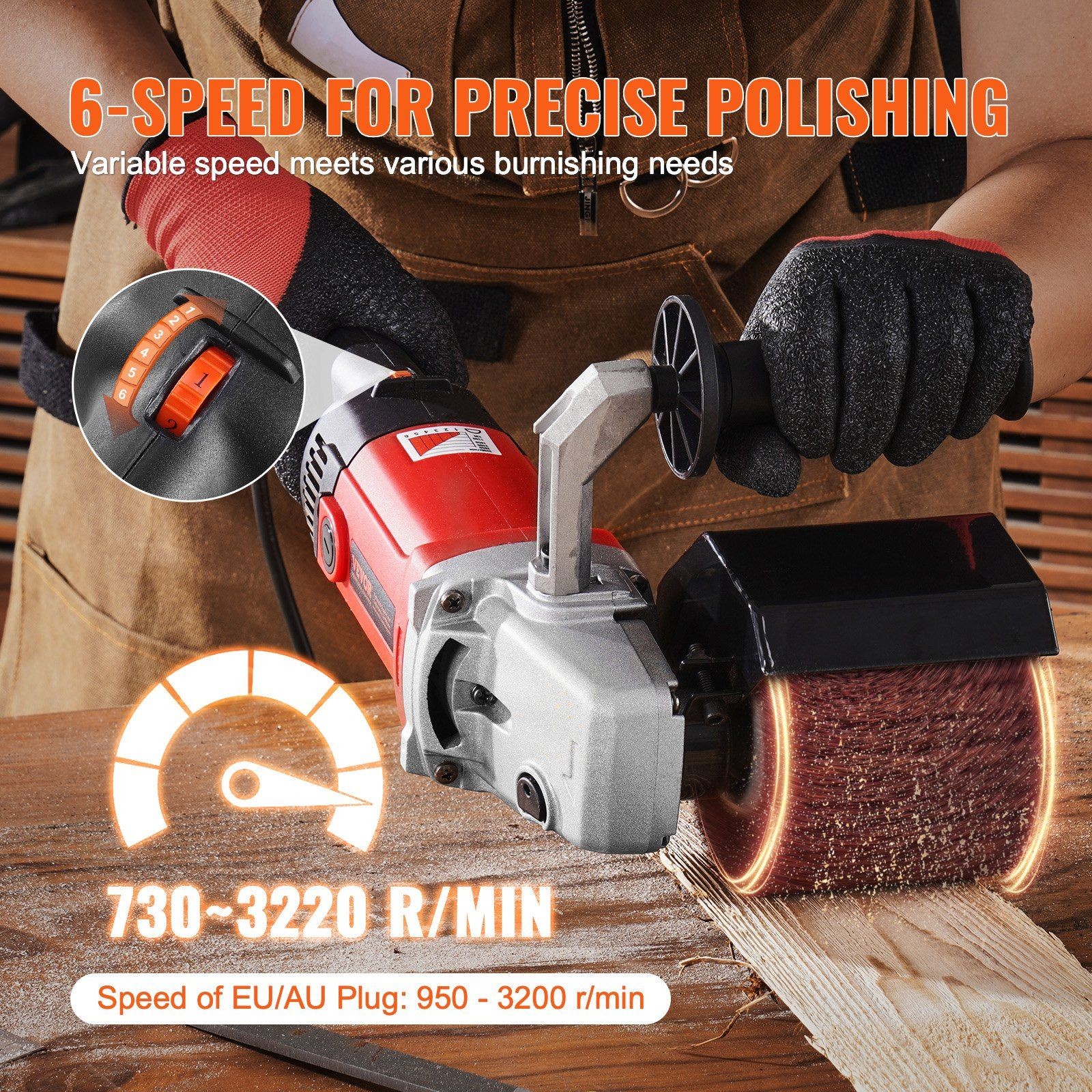 1200W Electric Burnishing Tool, 6 RPM Levels, 4×80-Grit Wheels, Cool-Fin Design