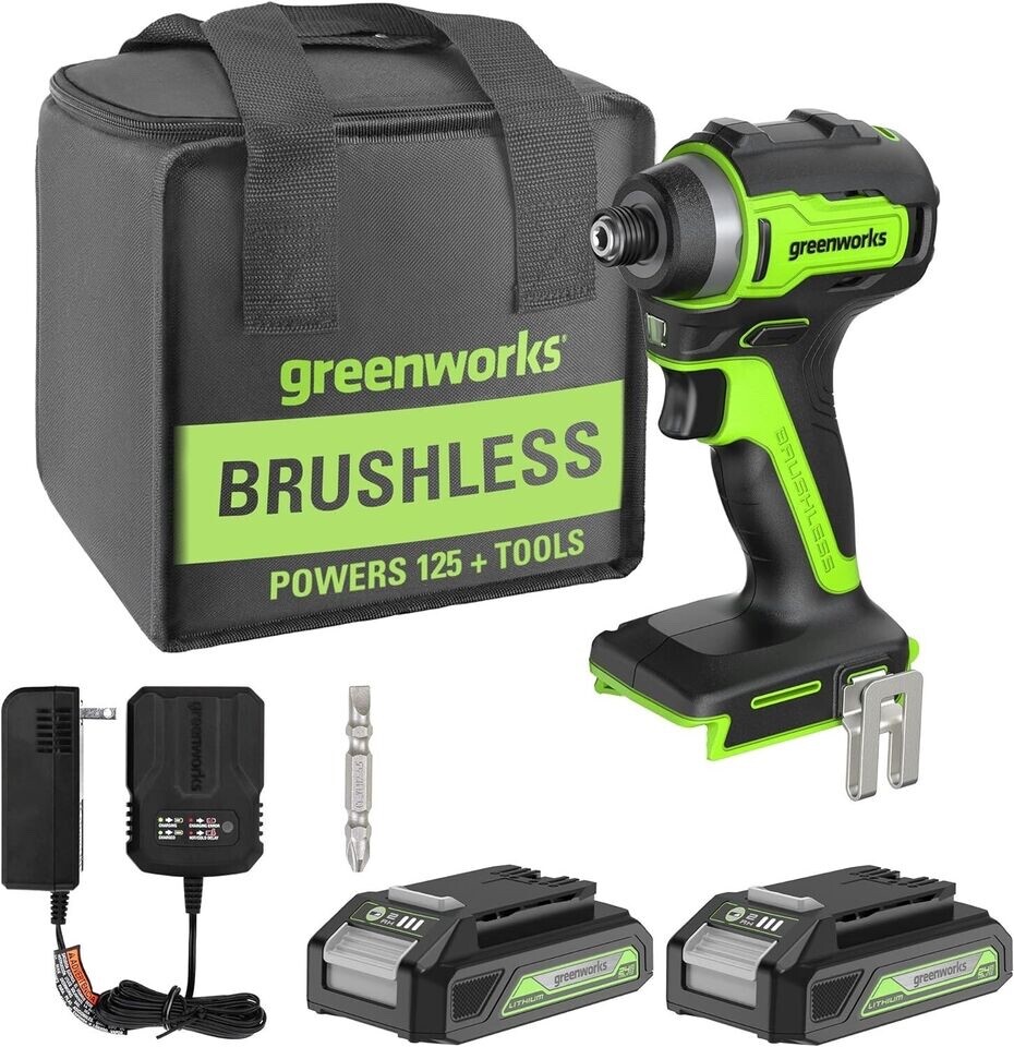 Greenworks 24V Brushless 1/4&Prime; Cordless Impact Driver, (2) 2.0Ah Batteries, Comp