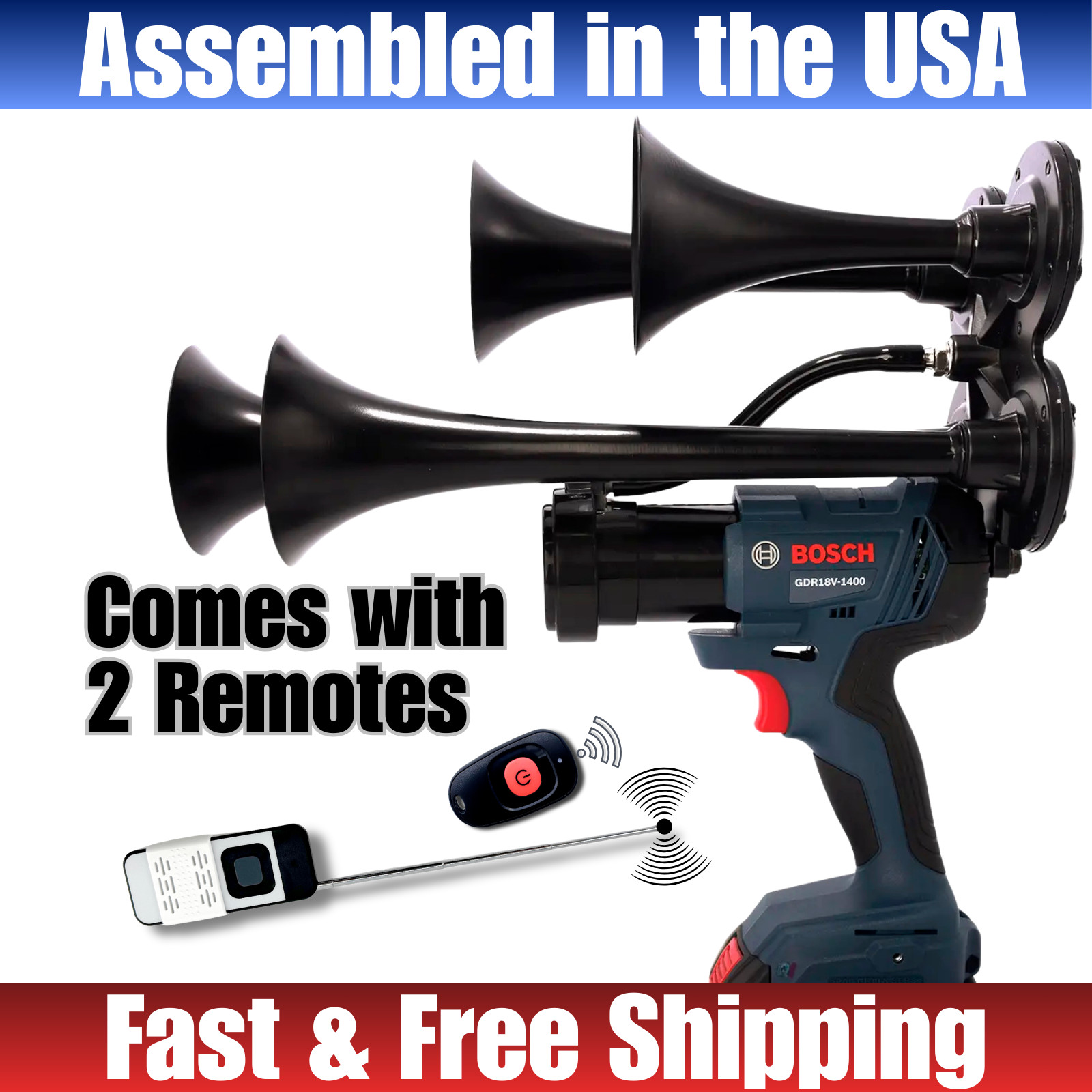 Bosch Impact Drill Train Horn | 150dB | Two Remotes Included: USA Assembled