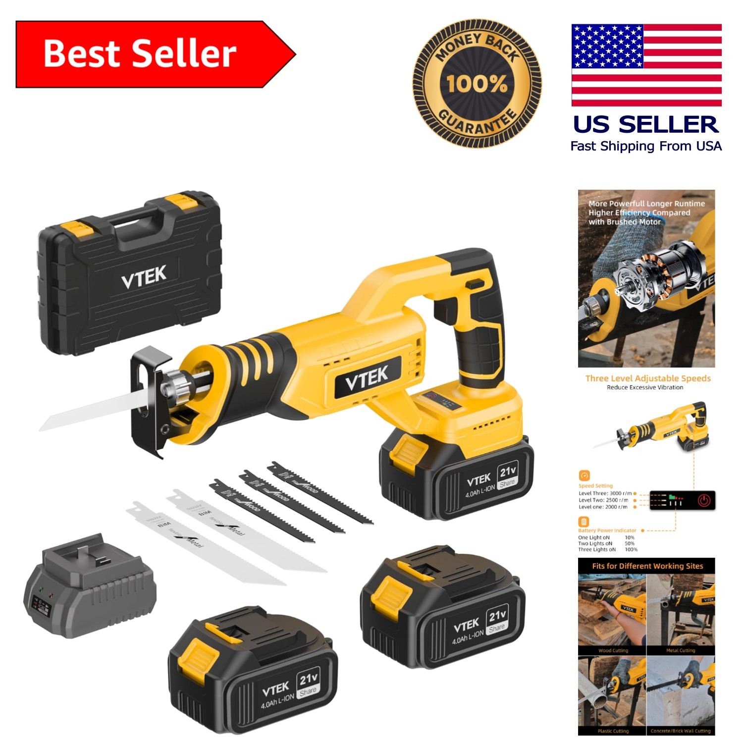 Brushless Cordless Reciprocating Saw – 3 Speed Settings & Multi-Material Cutting