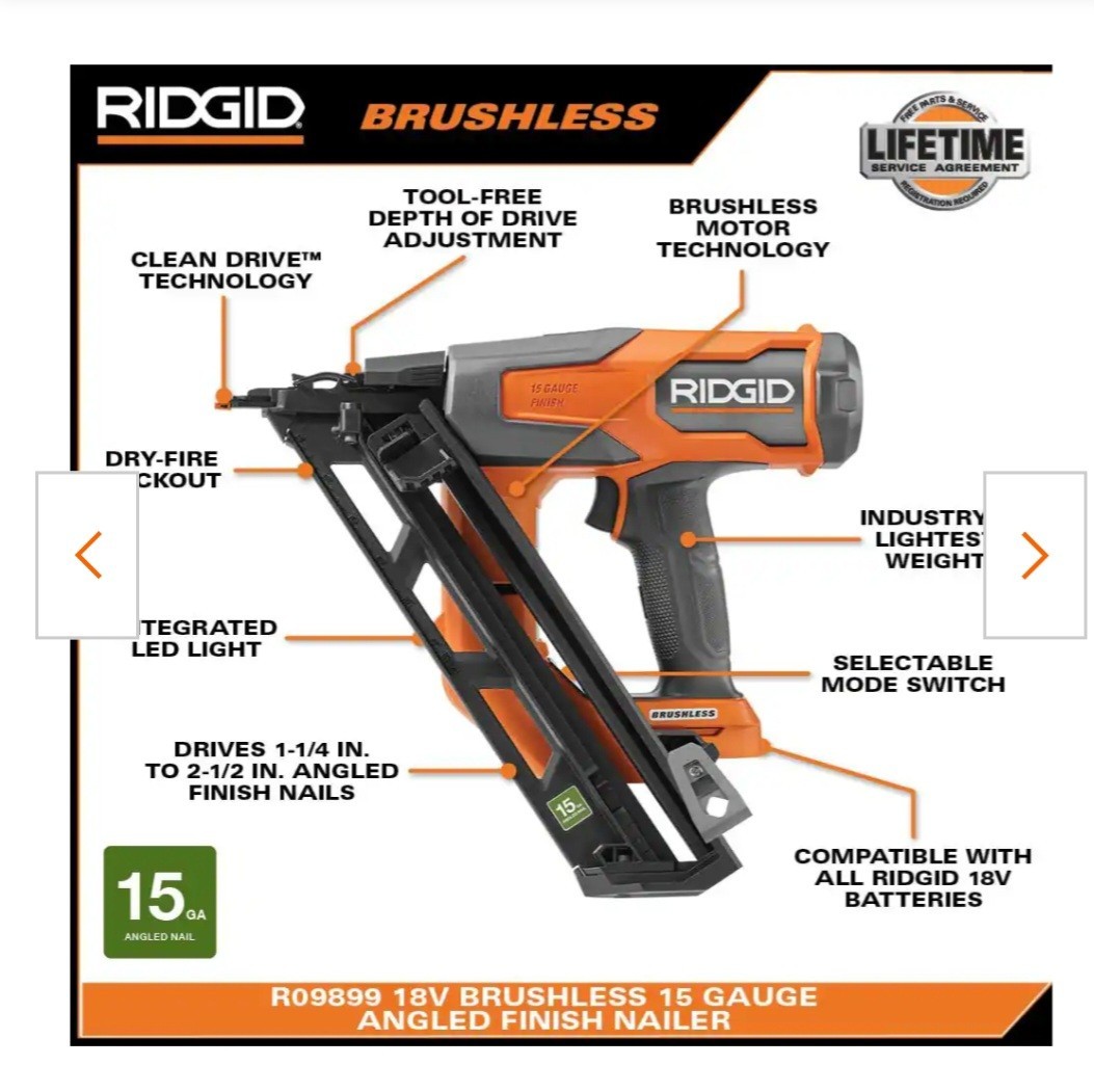 RIDGID R09899 18V Brushless 15GA Angled Finish Nailer 1-1/4 to 2-1/2&Prime;(Tool Only)