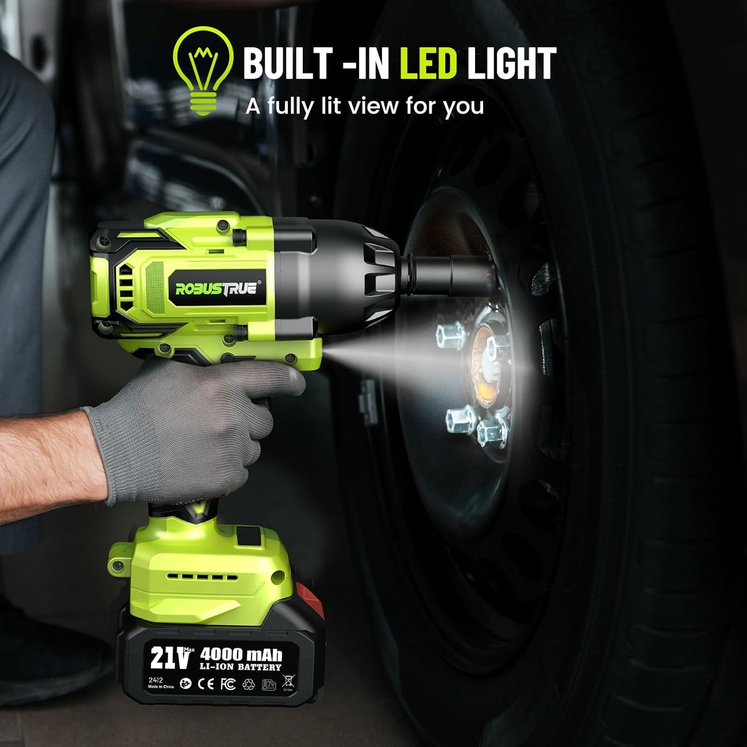 Robust 1200Nm Cordless Impact Wrench Kit with 2×4.0Ah Batteries Smart Auto Stop