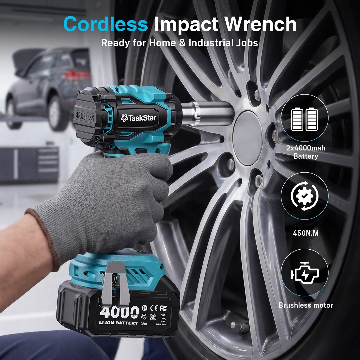 3/8&Prime; Cordless Impact Wrench 2400 RPM Max Torque 330Ft-lbs / 450N.m Brushless Gun