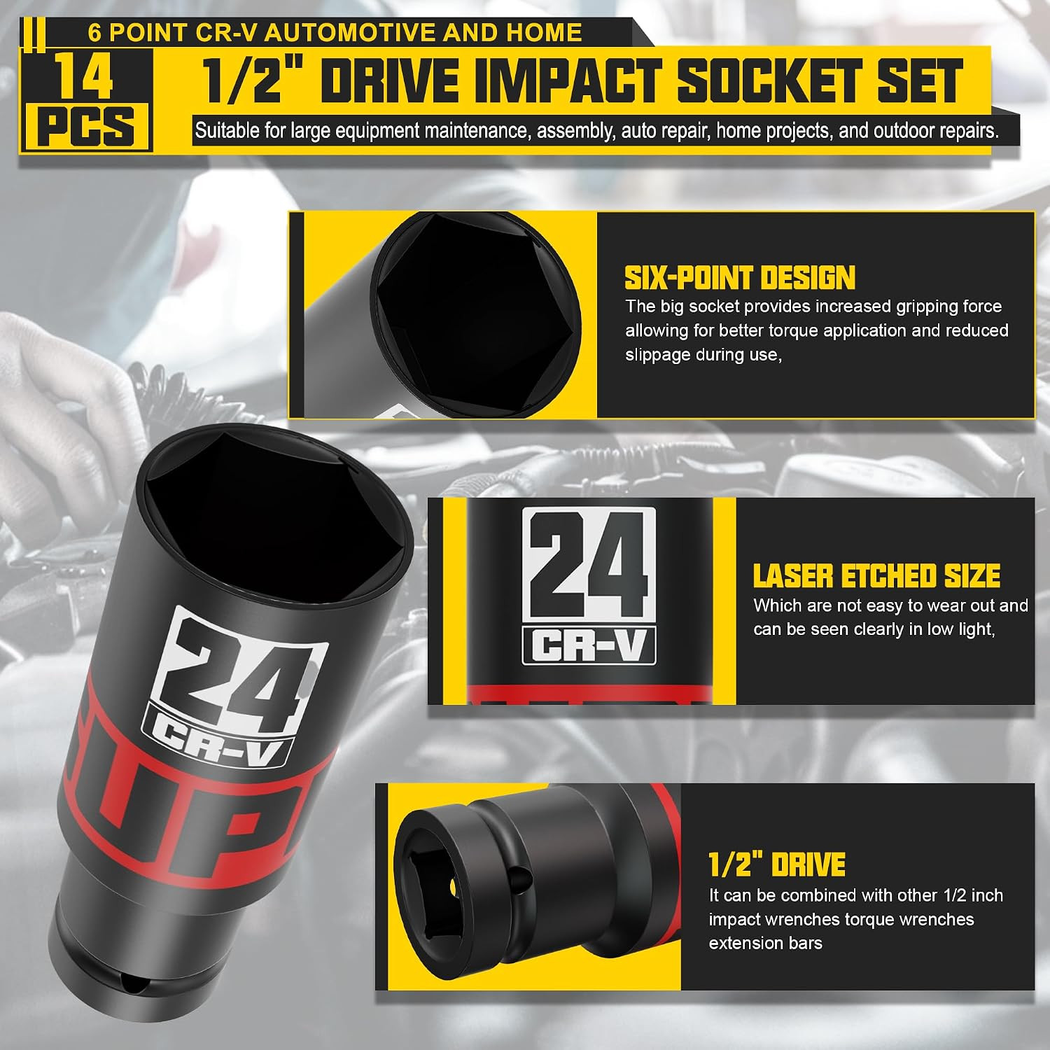 14-Piece 1/2&Prime; Drive Impact Socket Set with Storage Case and Adapter