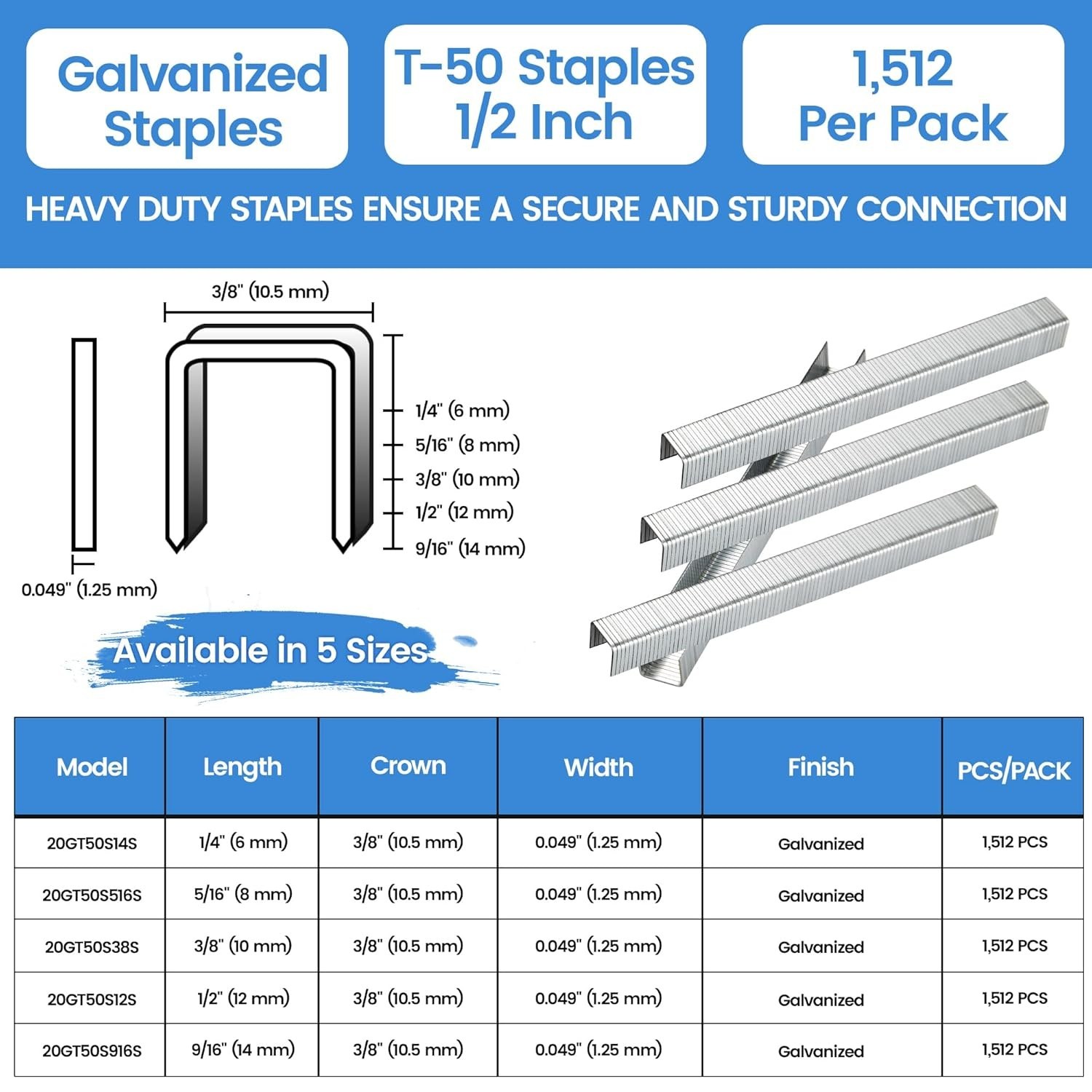 T50 1/2 Inch Heavy Duty Staples – 20 Gauge Galvanized, Perfect for Upholstery