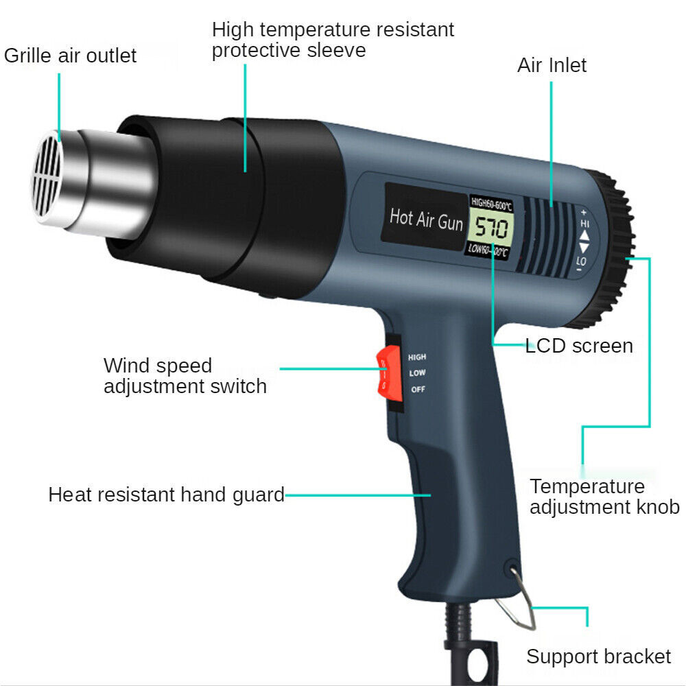 2500W Heat Gun Electric Hot Air Gun Dual Temperature LCD Display 4 Nozzles Tool