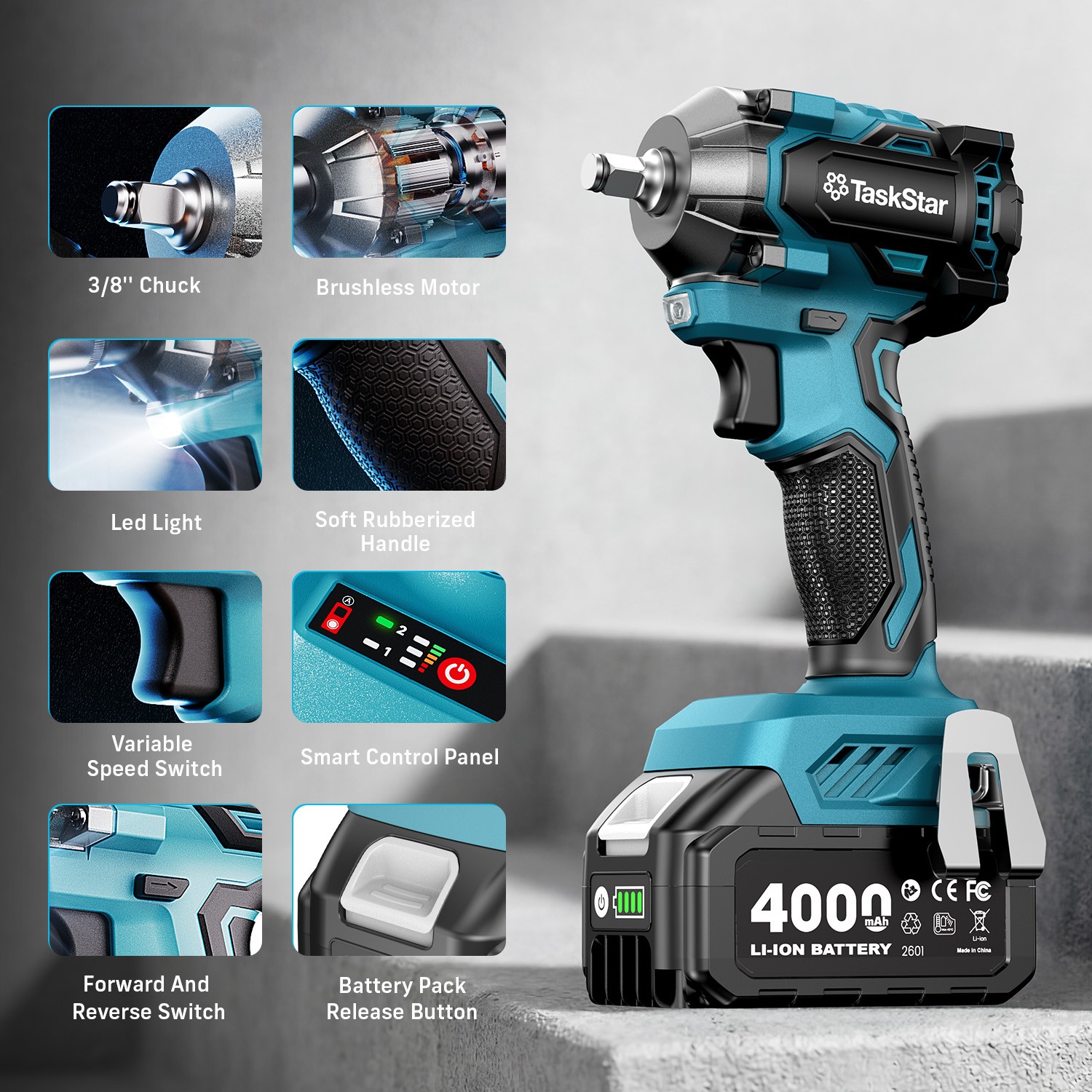 3/8&Prime; Cordless Impact Wrench, Power Impact Gun w/Max Torque 330Ft-lbs(450N.m)