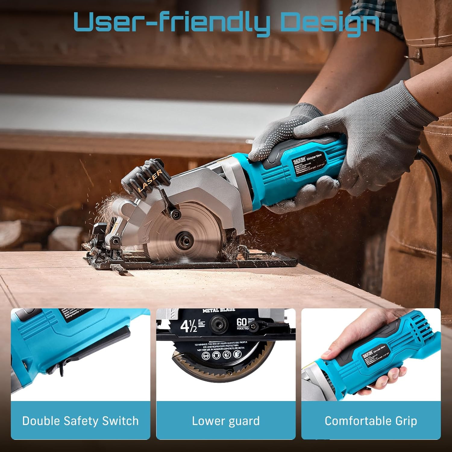 Compact Mini Circular Saw with Laser Guide & 3 Blades for Versatile Cutting