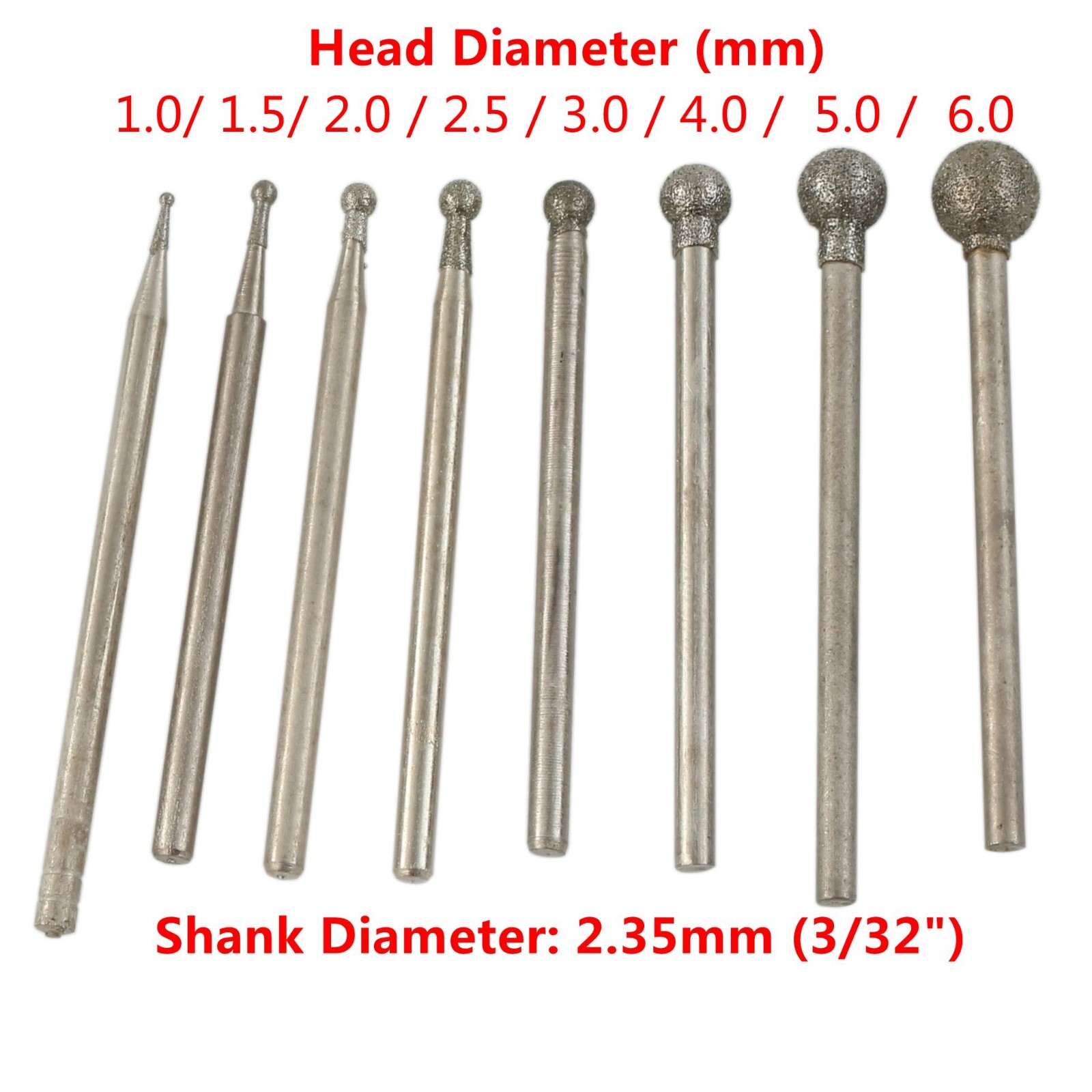 20Pcs 1mm Spherical Diamond Grinding Head Bits Jade Carving Burrs Lapidary Tools