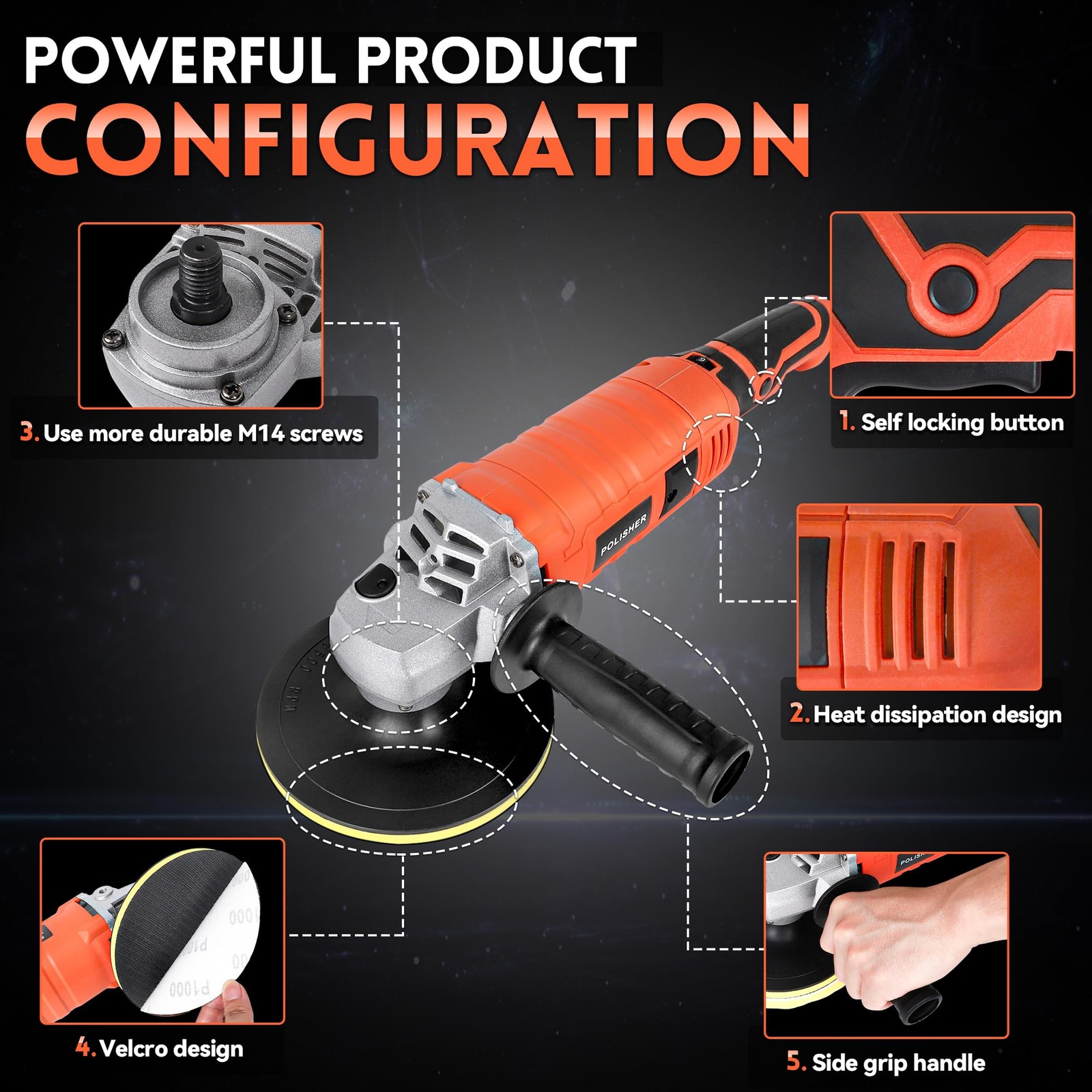 1580W Rotary Car Polisher Buffer Waxer 7 Speed 1000-3500 RPM 6 7 Inch Pads