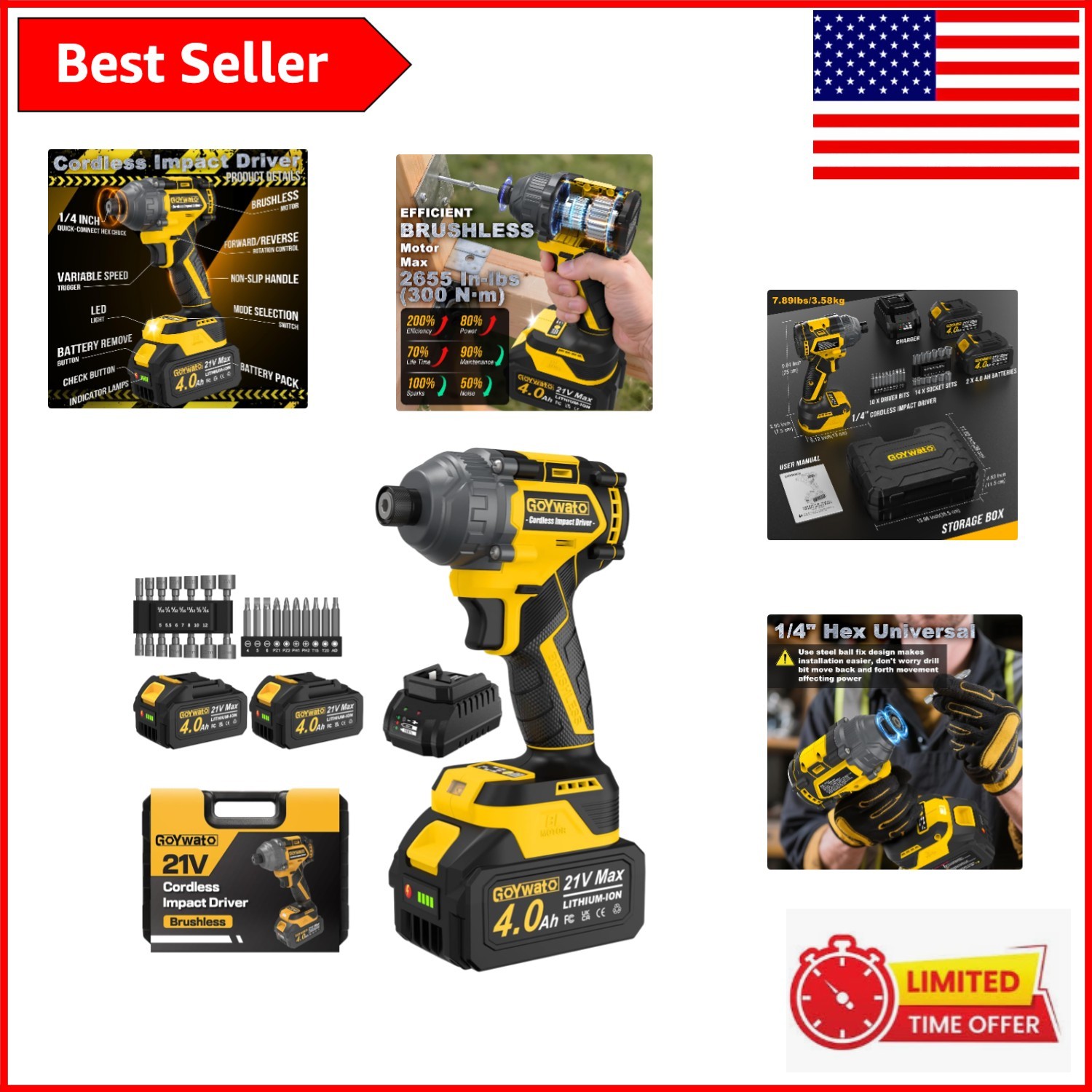 2655 In-lbs 21V Brushless Cordless Impact Driver Set – 2x 4.0Ah Batteries & More