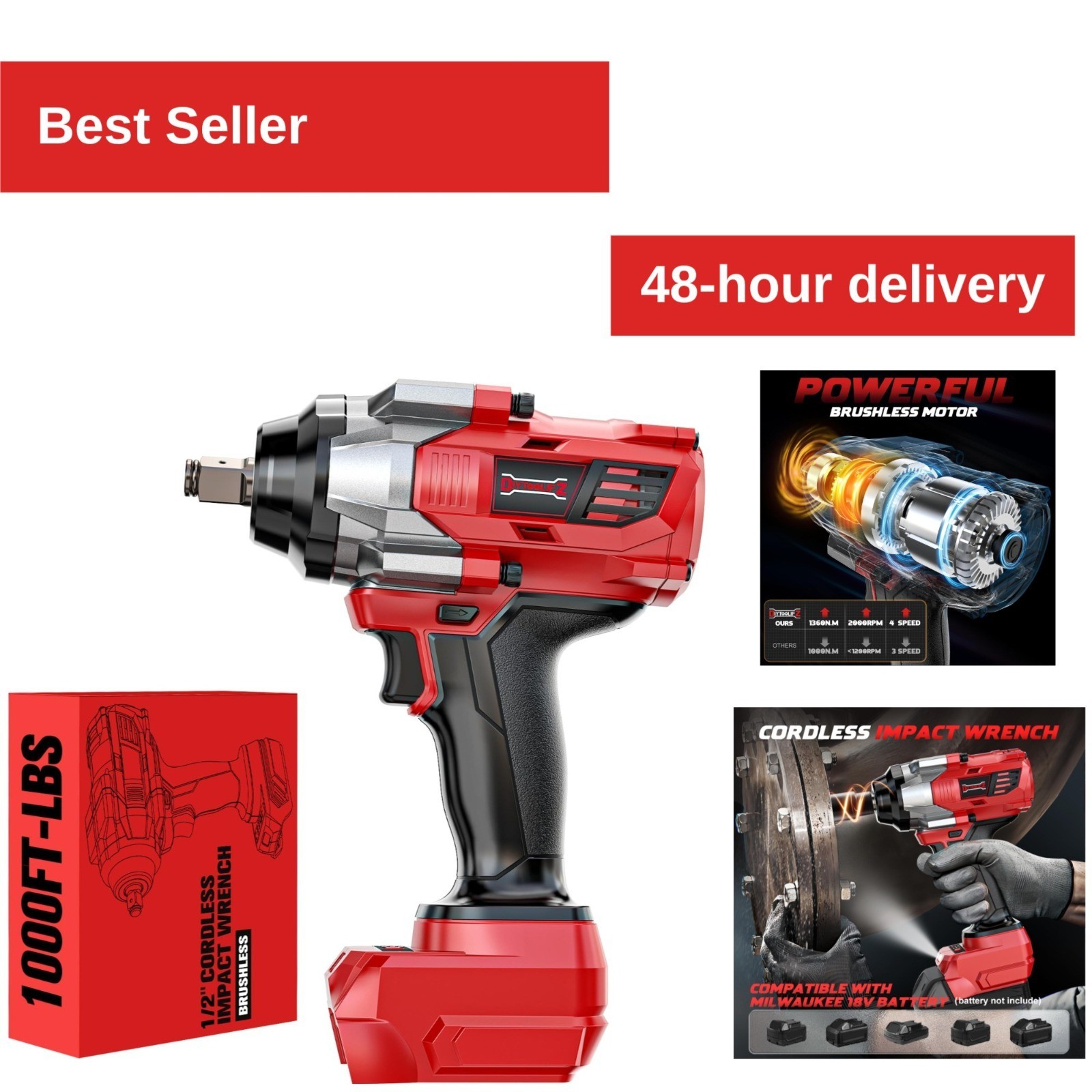 DIYtoolifz Cordless Impact Wrench 1/2&Prime; 1000Ft-lbs High Torque Driver