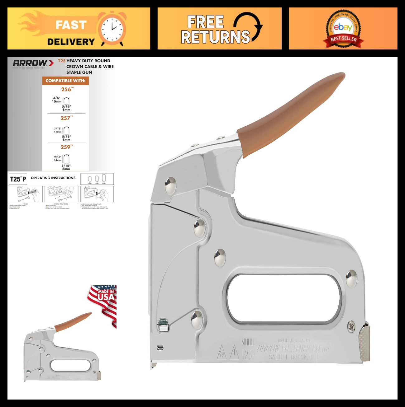 Heavy Duty Staple Gun for Low Voltage Cables & Wires up to 1/4&Prime; – Silver Finish