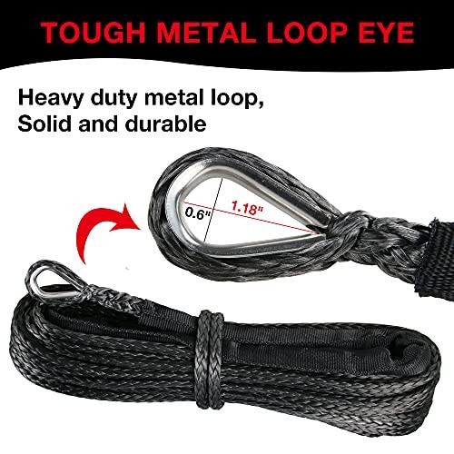 1/4&Prime; Synthetic Winch Rope 50 ft 10,000 lb UHMWPE 1/4 In x 50 Ft with Hook Black