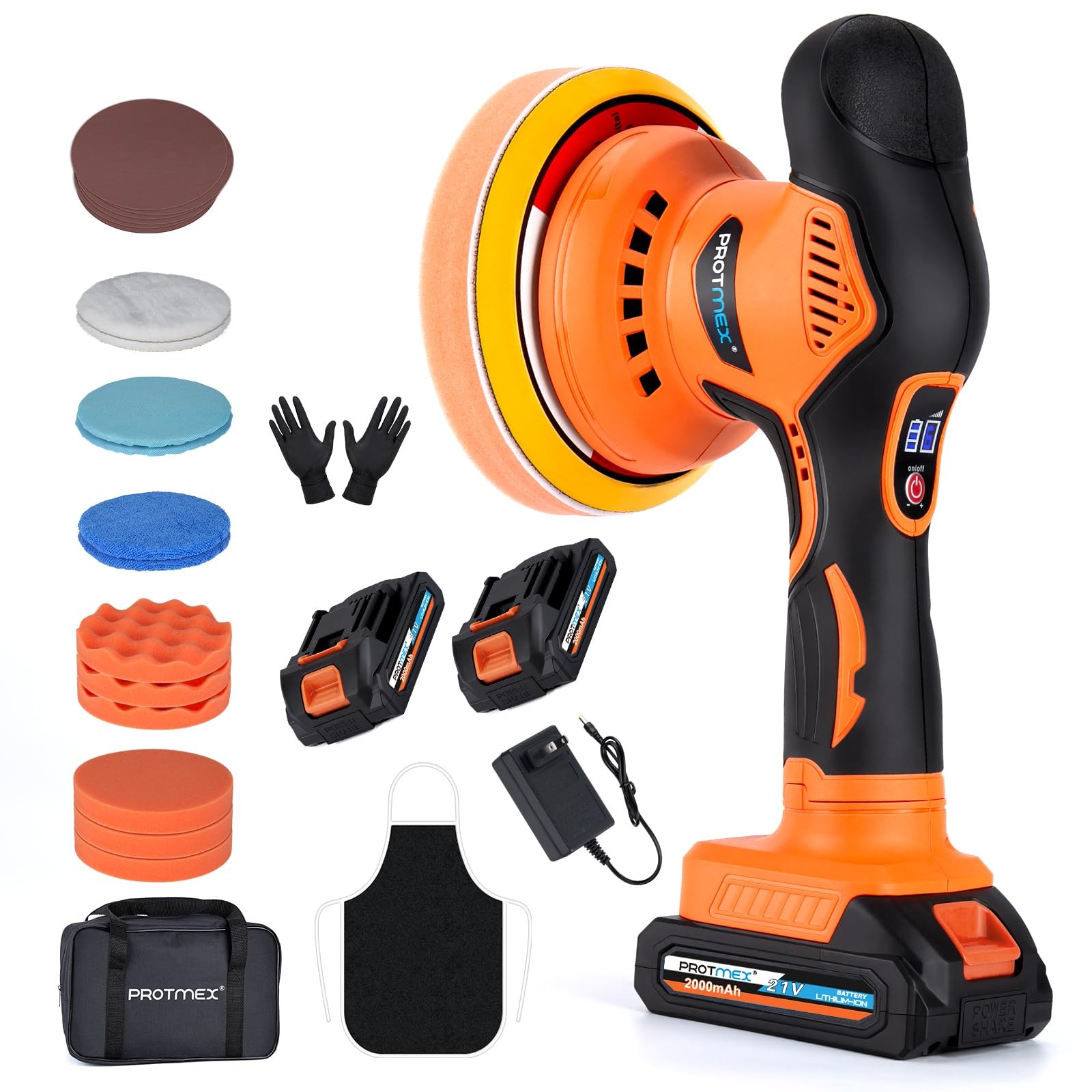 Cordless Car Buffer Polisher w/ 2x2000mAh 21V Batteries, Orange