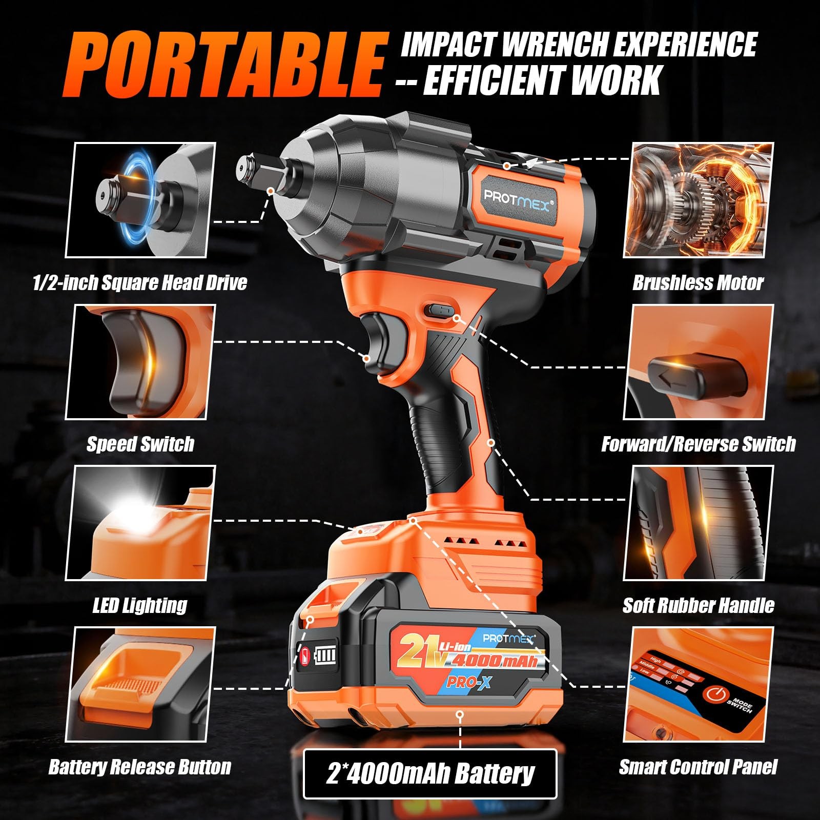 Protmex 1107Ft-lbs(1500N.m) Cordless Impact Wrench, 1/2&Prime; Brushless Impact Dri…