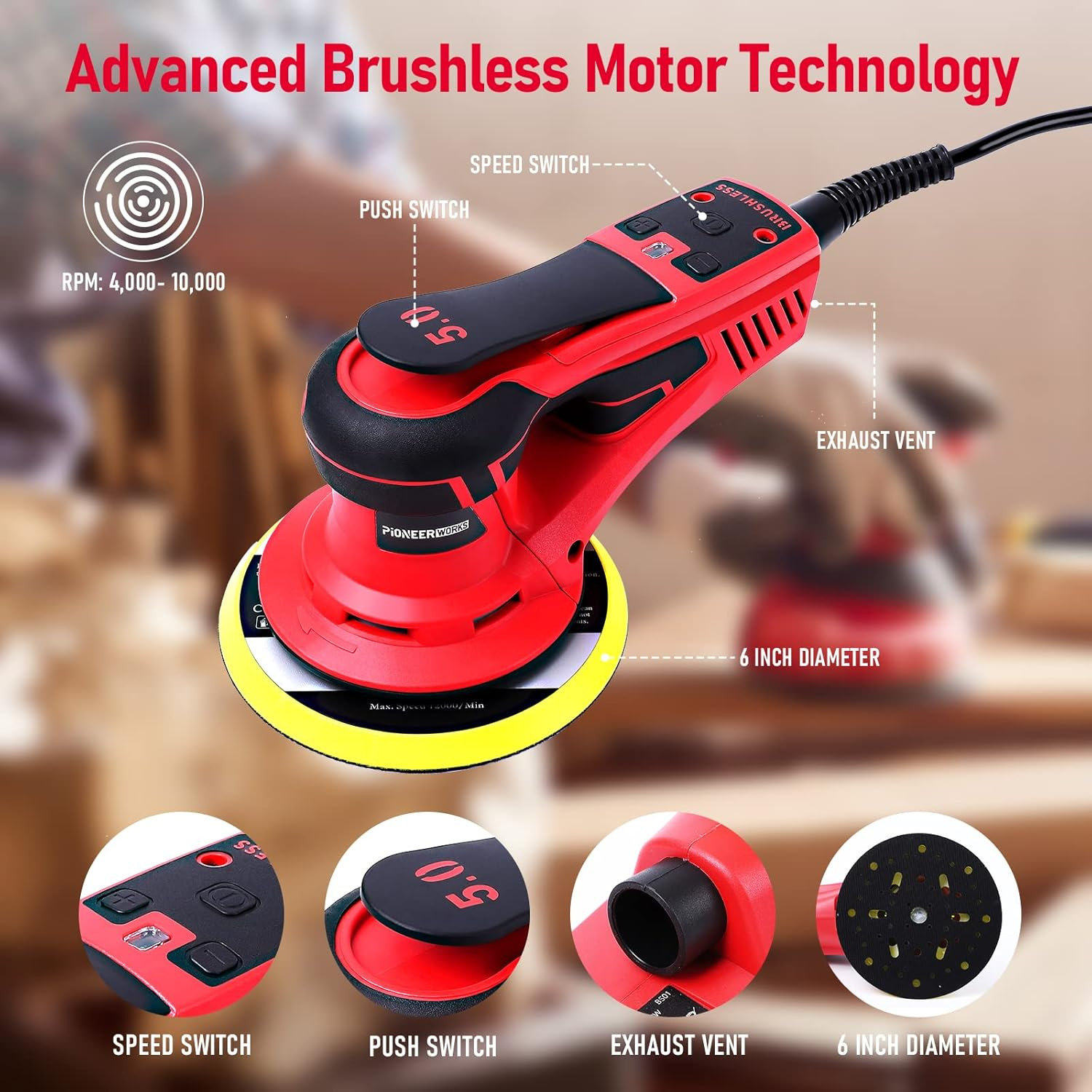 Electric Random Orbital Sander, Brushless Motor,Powerful 350W & Low Vibration Pa
