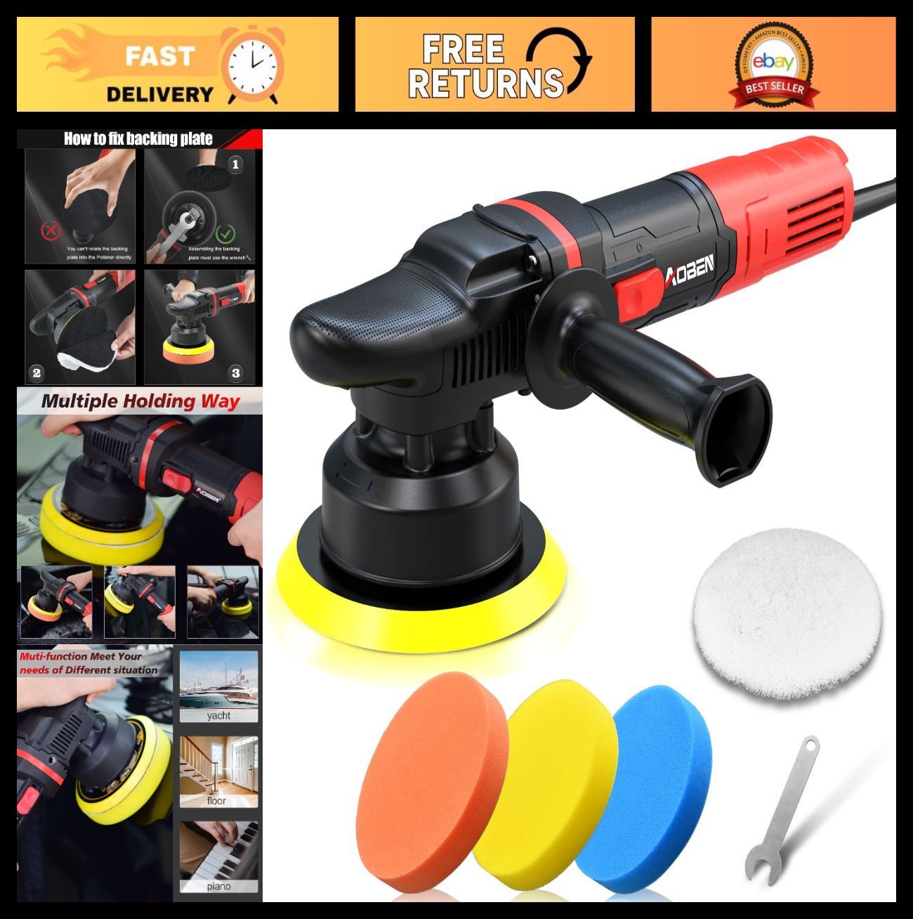 6&Prime; Dual Action Car Buffer Polisher Kit, 6 Variable Speeds, 4 Buffing Pads, Detac