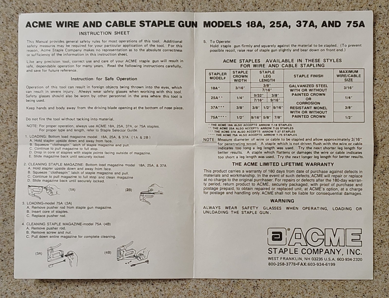 Acme Staple Gun for Wire & Cable – Model 18A – New