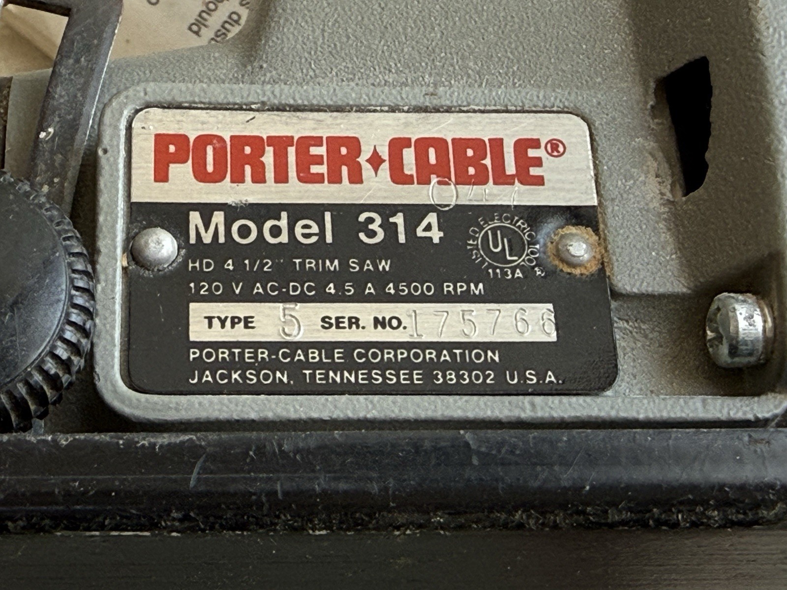 Porter Cable Model. 314 Heavy Duty 4-1/2&Prime; Trim Saw Type 5
