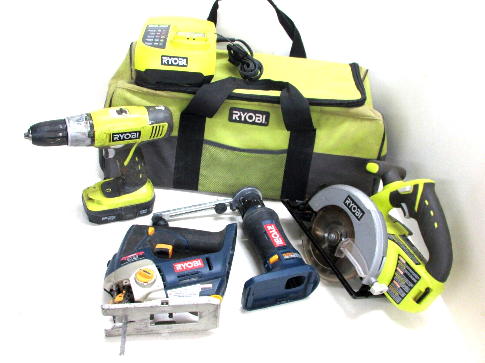 LOT OF RYOBI 18V TOOLS, CIRCULAR SAW, JIG SAW, DRILL, ROTARY CUTTER, CHARGER, +