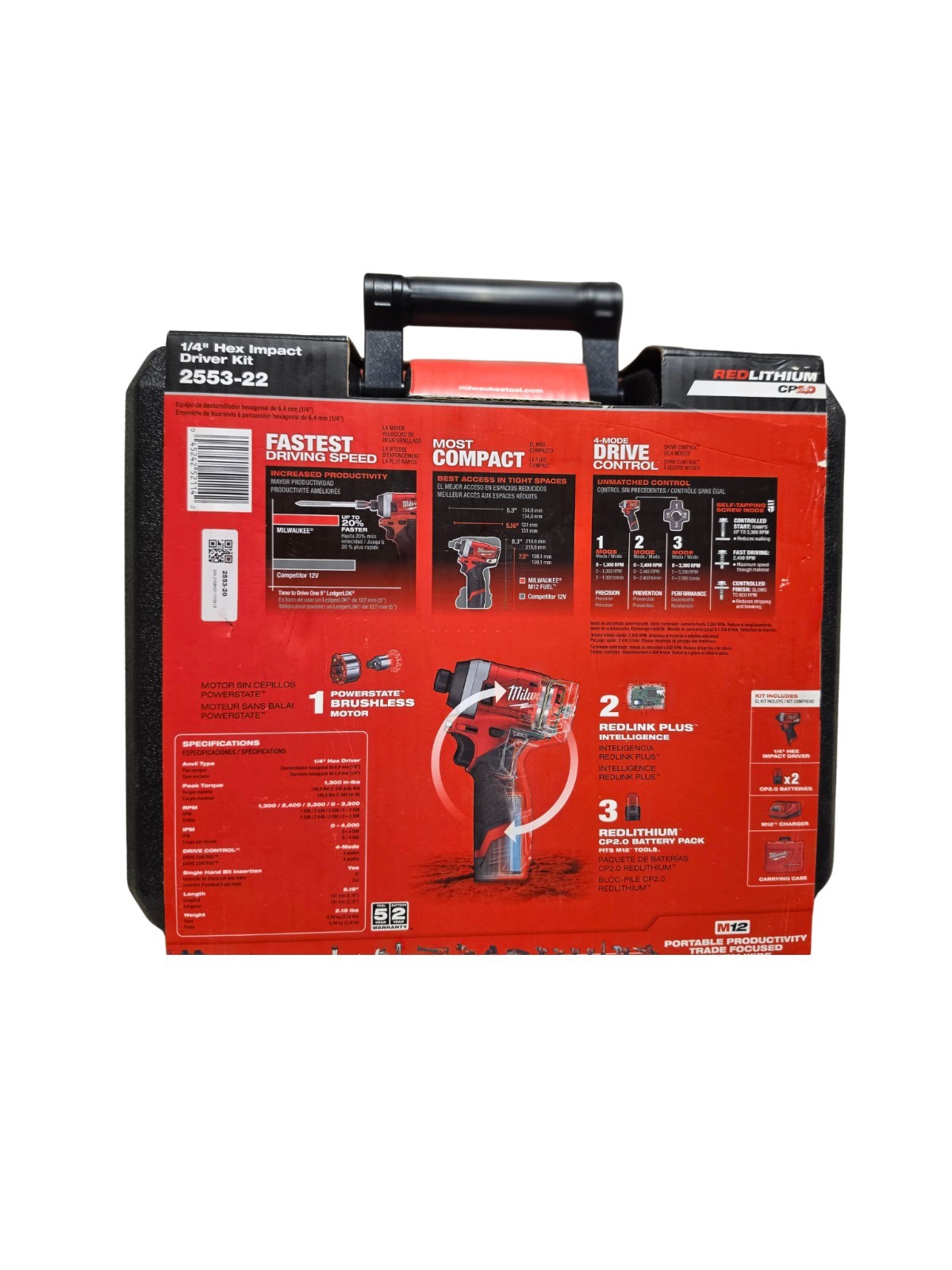 M12 12V L-Ion Brushless Cordless 1/4&Prime; Hex Impact Driver Kit, 2 Batteries 2553-22