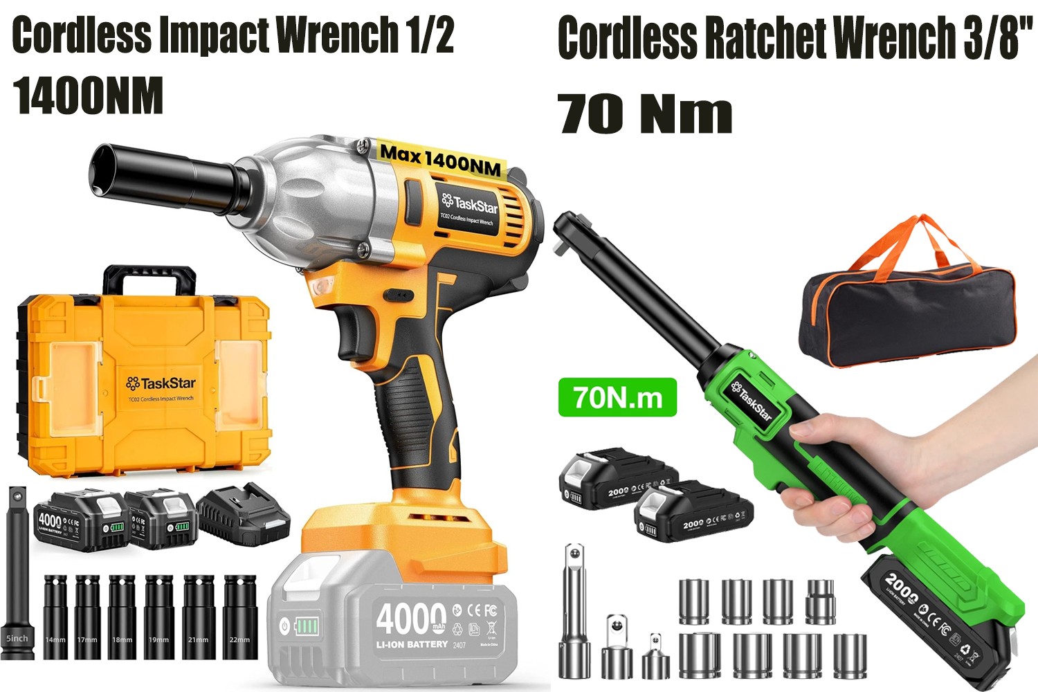 1400Nm 1/2 Impact Gun 70Nm 3/8 Power Ratchet Wrench Combo Kit Brushless Cordless