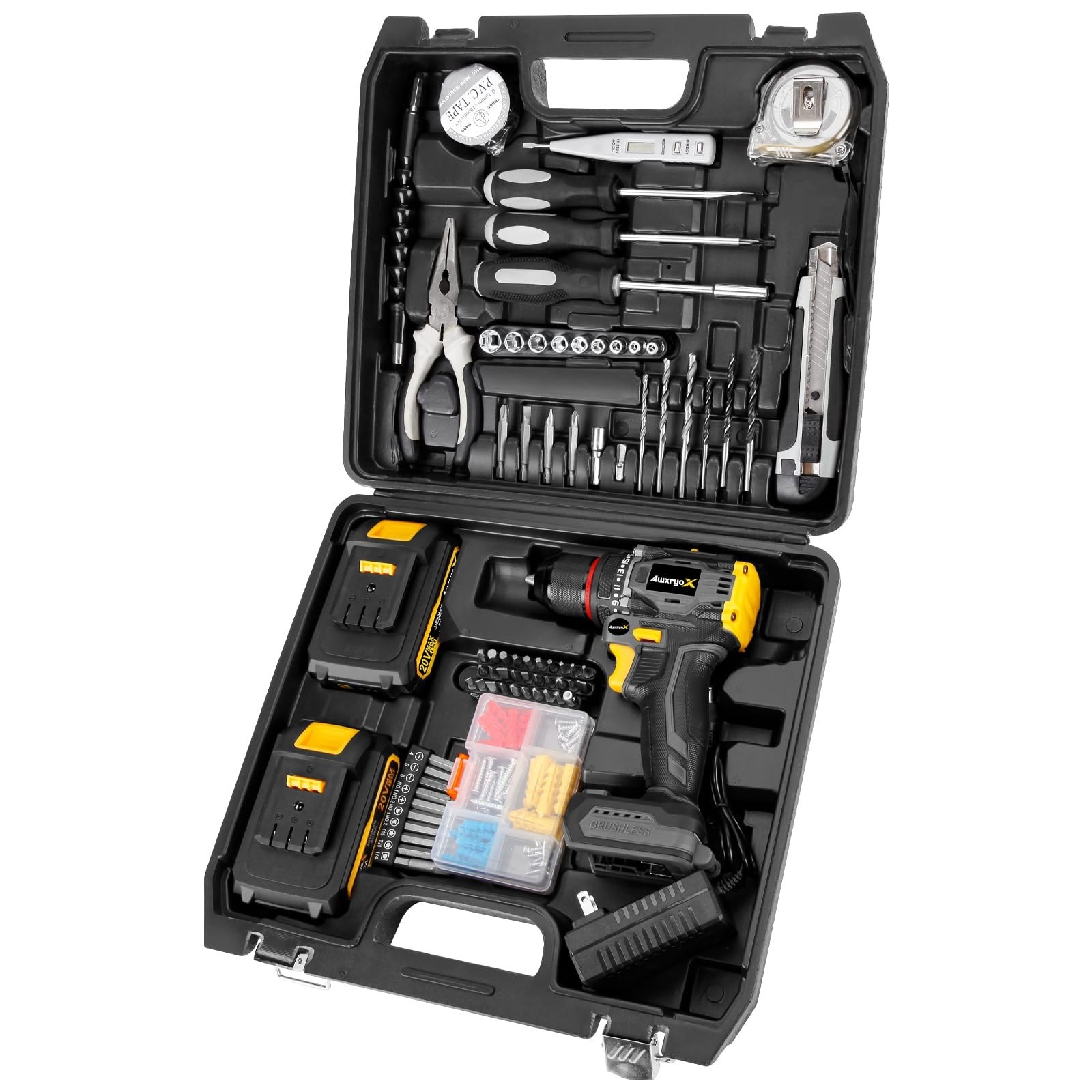 20V Cordless Brushless Drill Set, 60N.m Torque, 135Pcs DIY Tool Kit, 2 Batteries