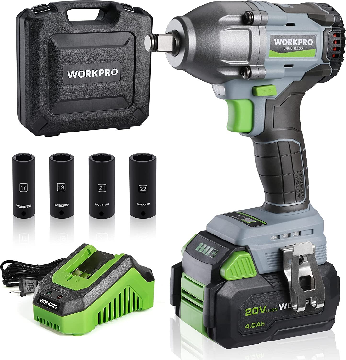 WORKPRO Cordless Impact Wrench 1/2 inch, 20V Brushless w/4.0 Ah Battery&Case NEW