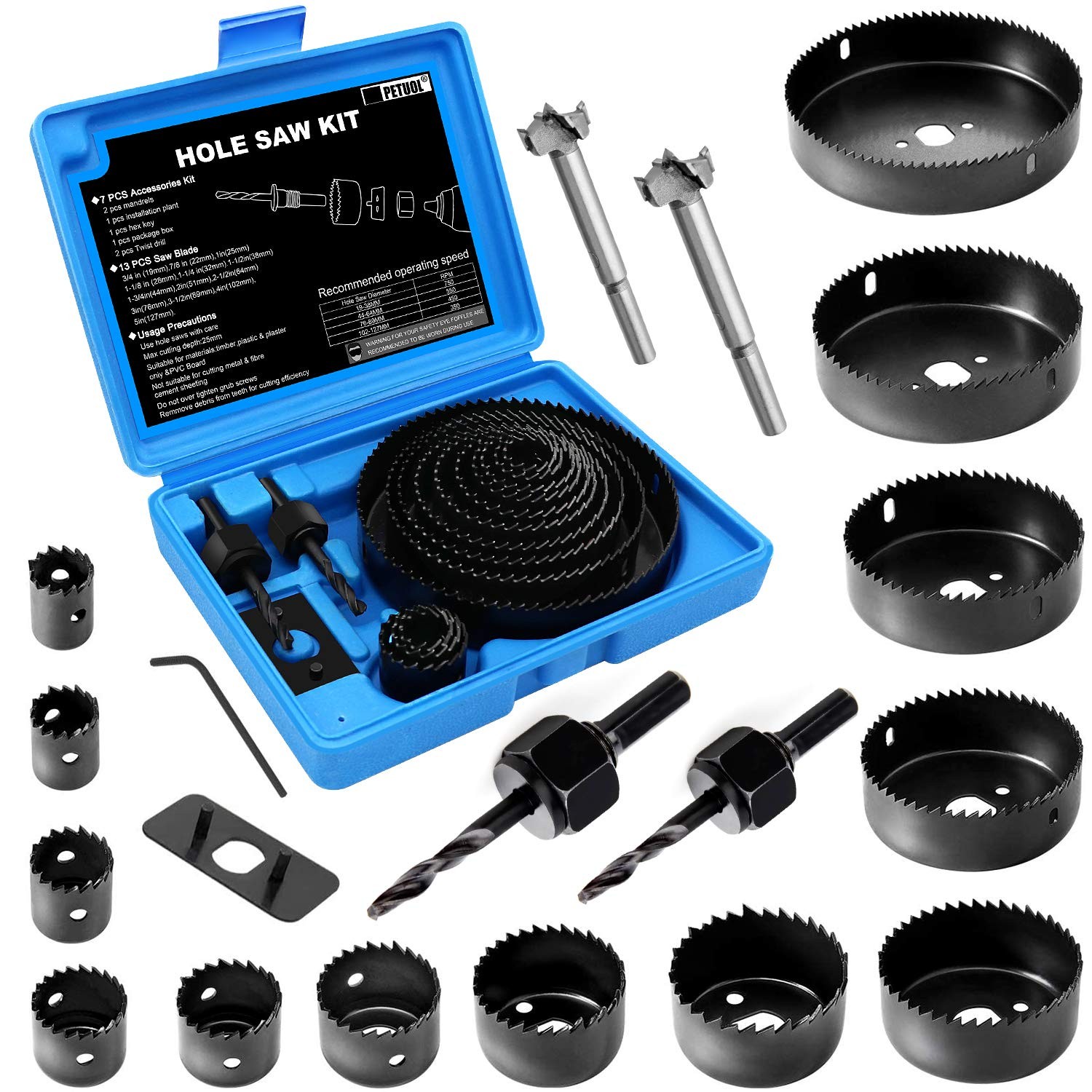 Hole Saw Set, 22PCS Kit with 3/4&Prime; to 5&Prime; (19mm-127mm) 13Pcs Blue