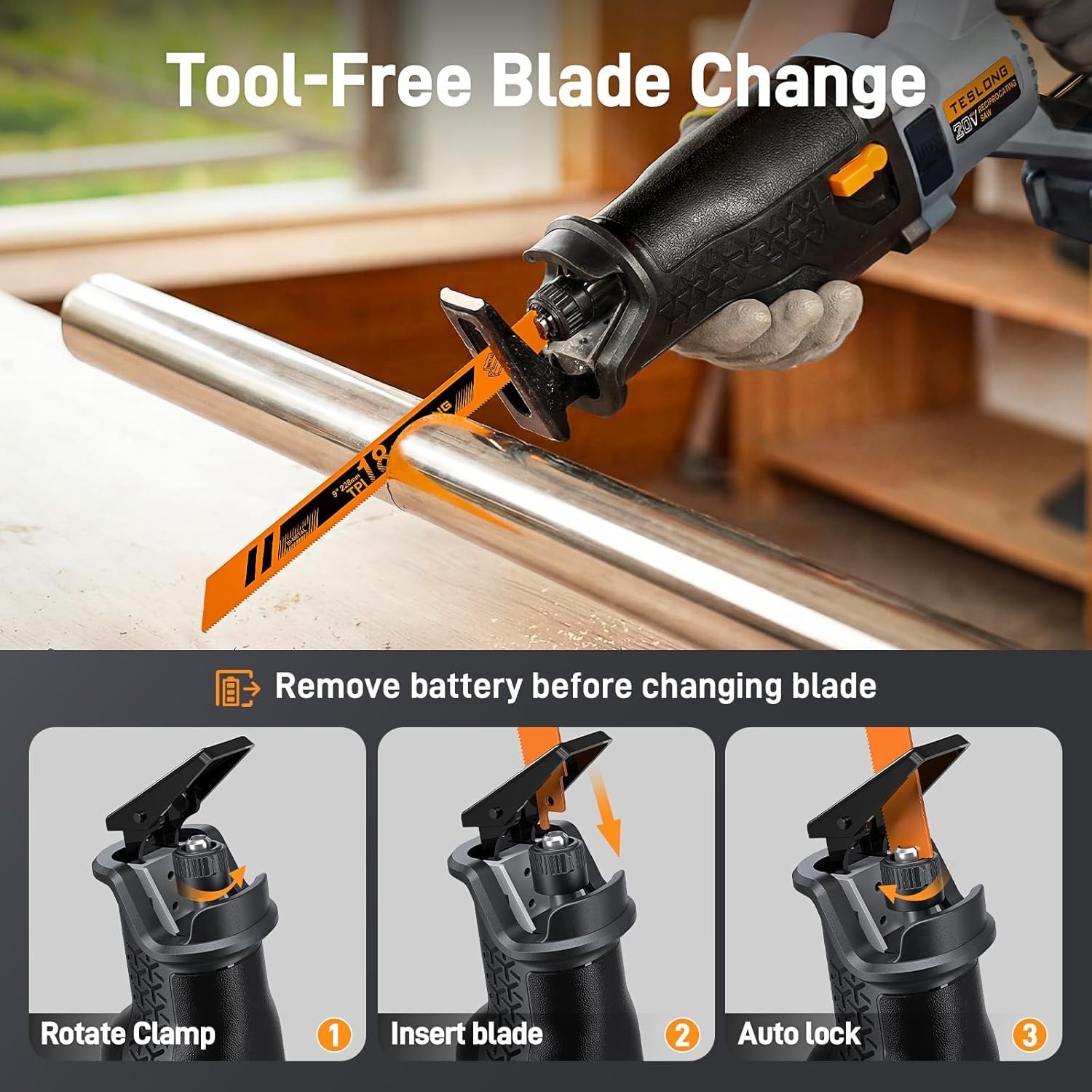 Teslong 20V Brushless Variable Speed Reciprocating Saw with 4000mAh Battery