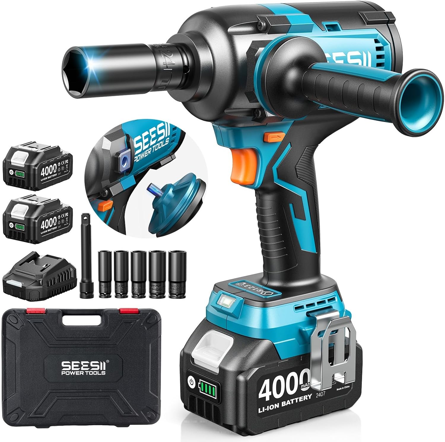 Seesii Cordless Impact Wrench 1/2&Prime; 1180 Ft-lbs (1600 Nm) Auxiliary Handle 2×4000