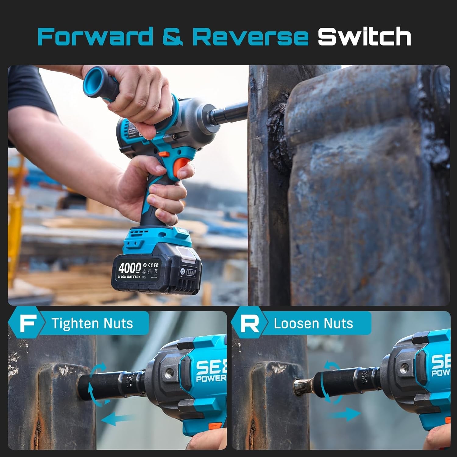 Seesii Auxiliary Handl Brushless Cordless Impact Wrench 1600 Nm 1/2&Prime; 2x4000mah