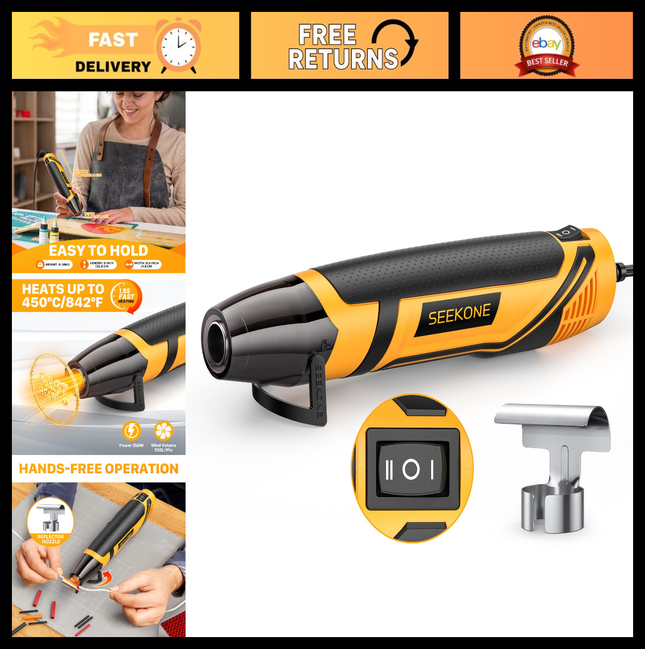 350W Mini Heat Gun – 2 Temp Settings 842℉ & 500℉, Lightweight, Overheat Protecti