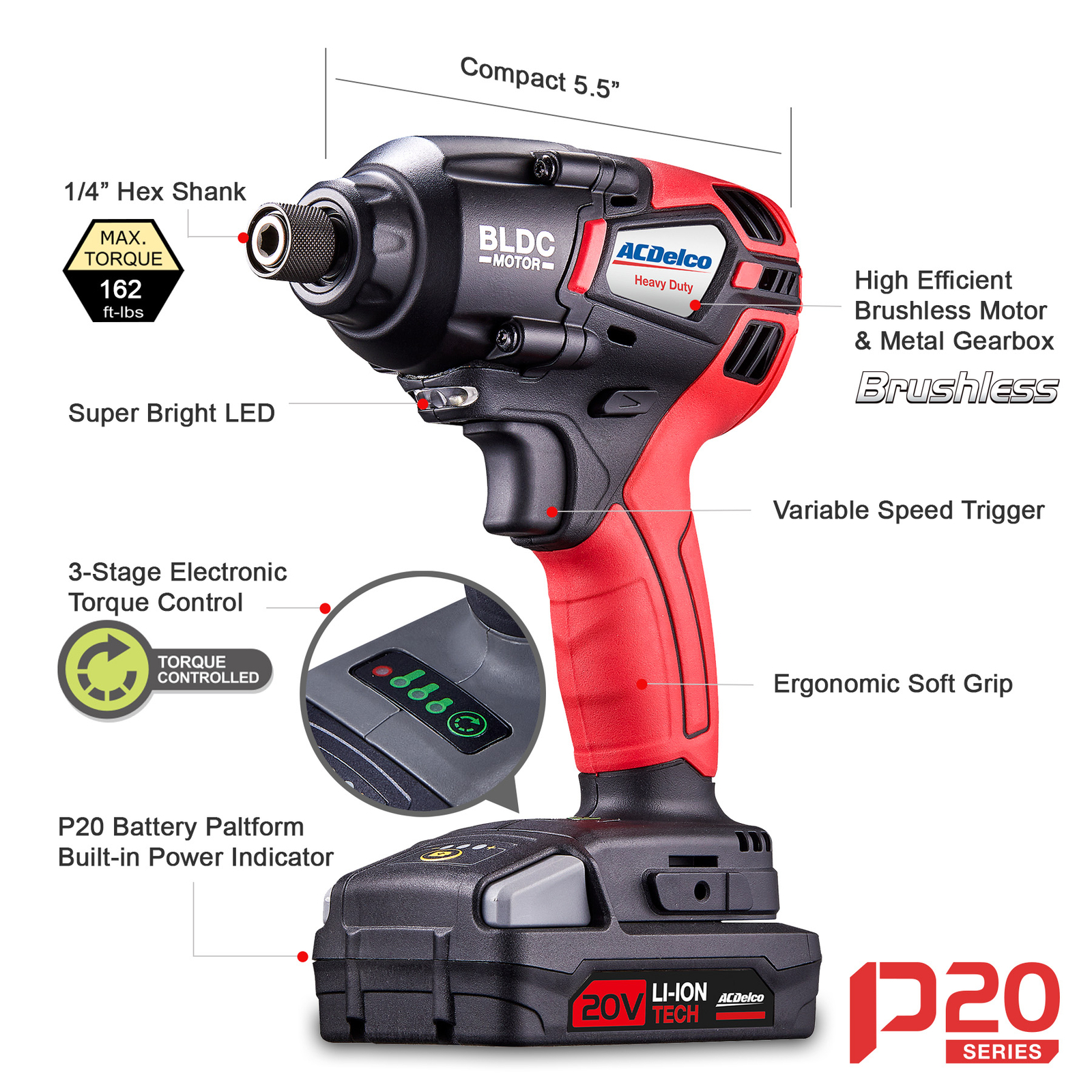 ACDelco P20 20V 1/4&Prime; Brushless Cordless Impact Driver, 162 ft-lbs, ARI20173-PM