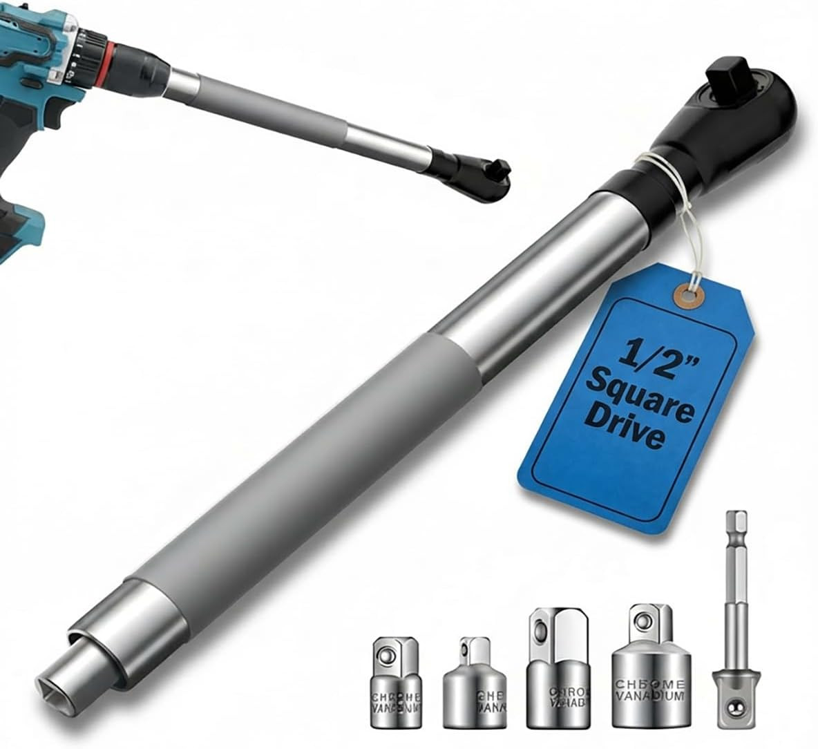 Offset Extension Wrench 1/2&Prime; Impact Ready Right Angle Extender with 4 Sockets