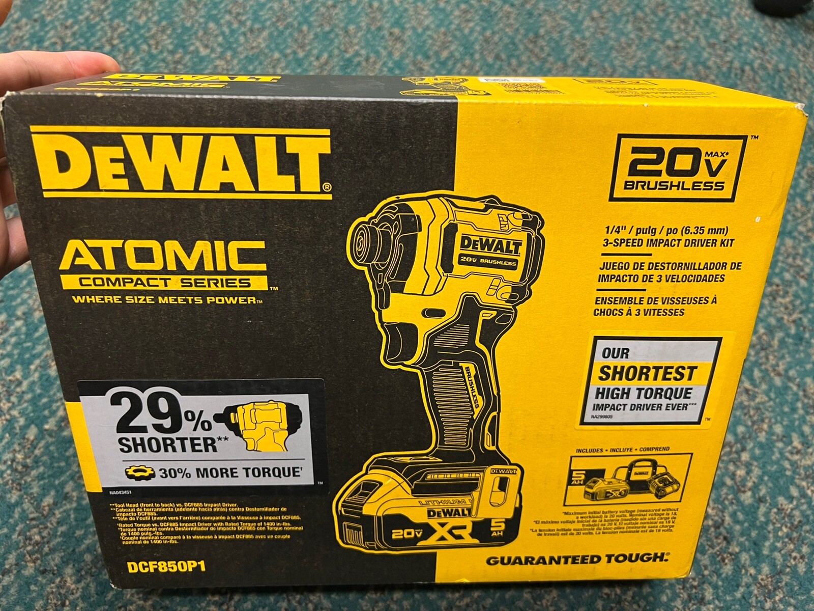 DEWALT ATOMIC 20V 1/4&Prime; 3 Speed IMPACT DRIVER KIT + 5Ah BATTERY, Charger DCF850P1