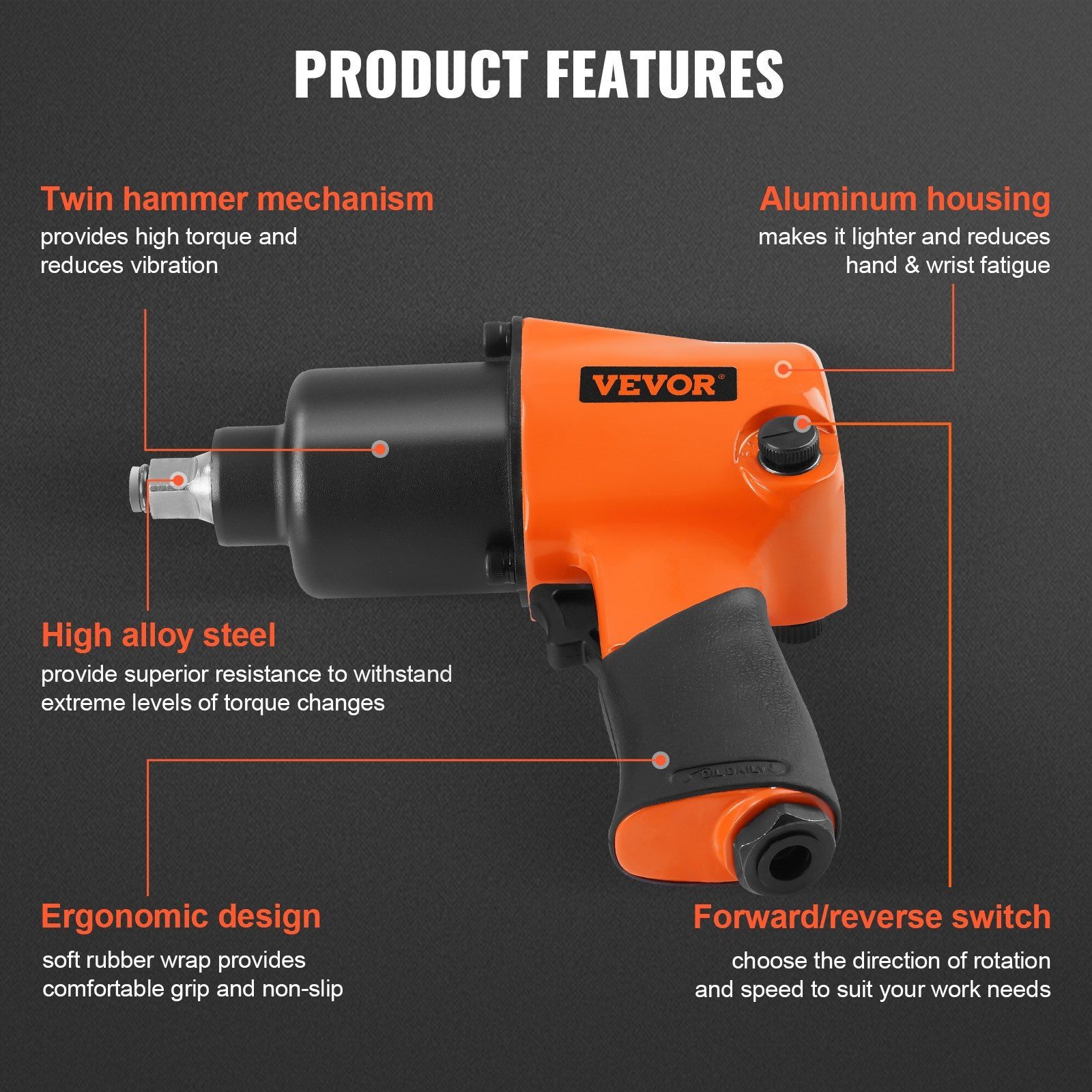 Efficient 880ft-lbs 7500RPM 1/2in Pneumatic Impact Wrench Minimal Fatigue